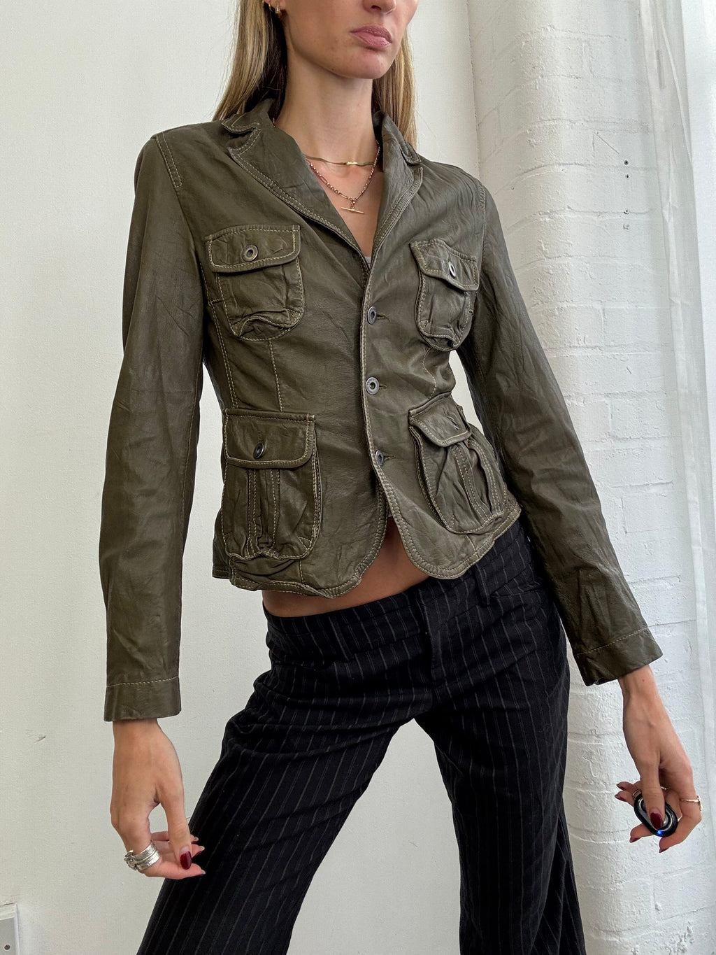 Vintage Y2K olive green leather blazer