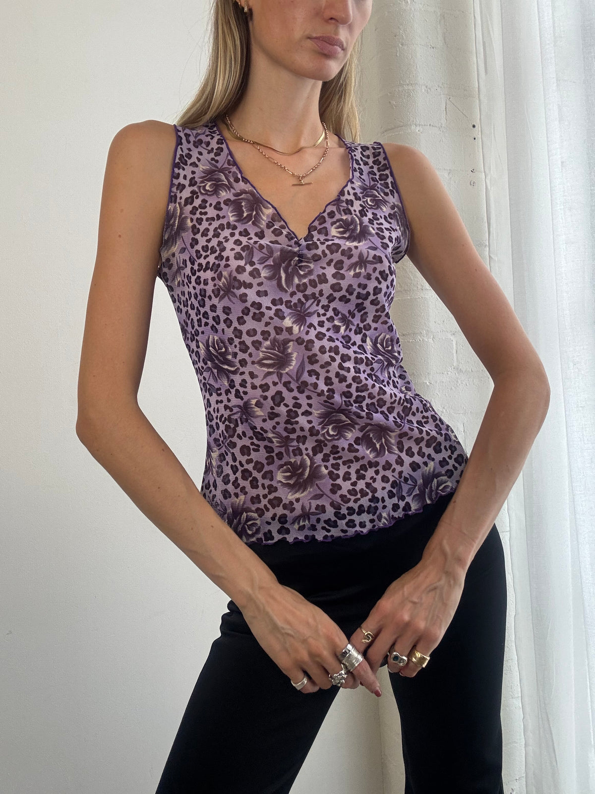 Vintage Y2K Purple Leopard & Floral Print Mesh Top - Size S