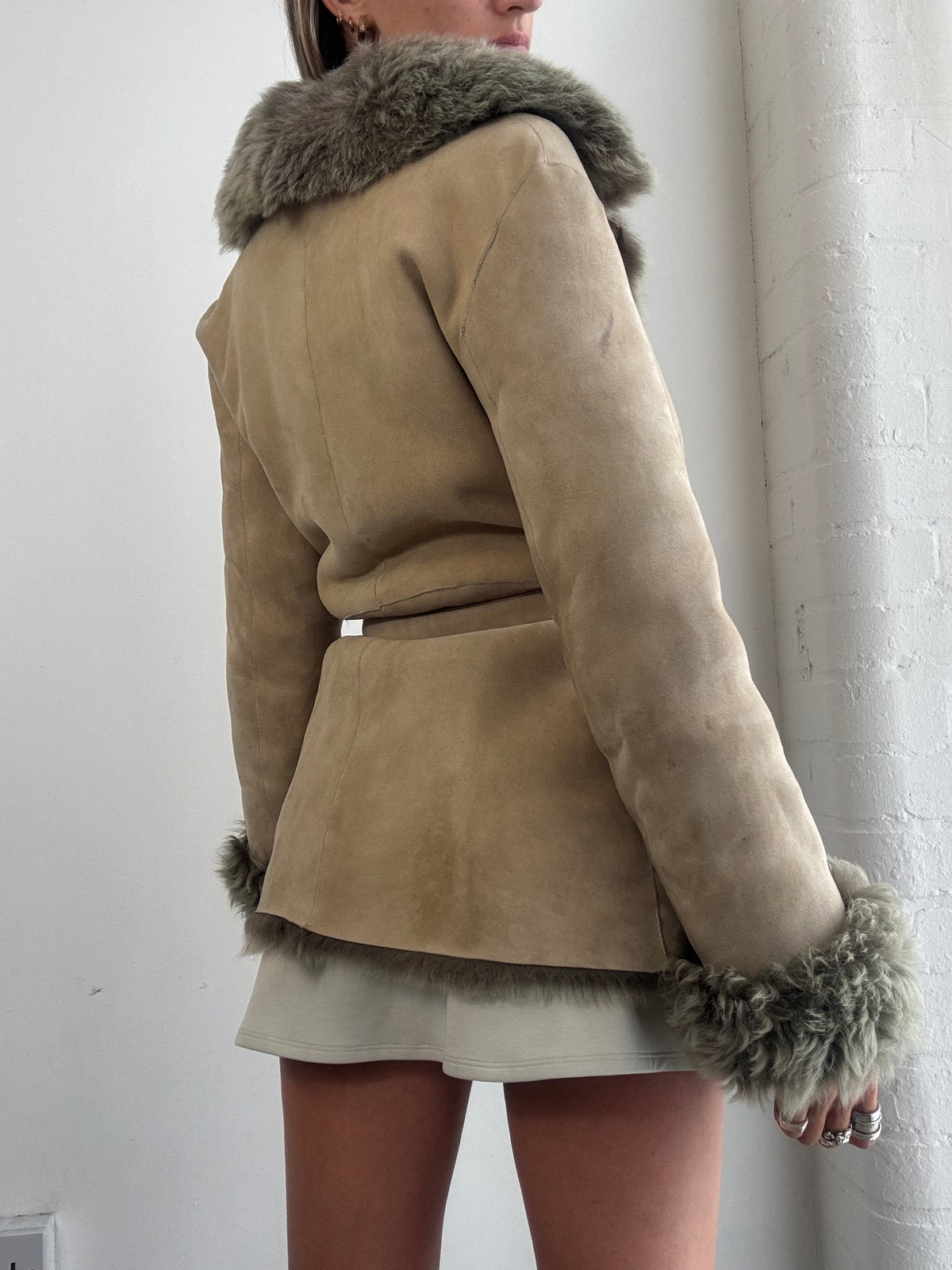 Vintage Y2K Beige Suede Sheepskin  Fur Trim Belted Afghan Coat - Size XS