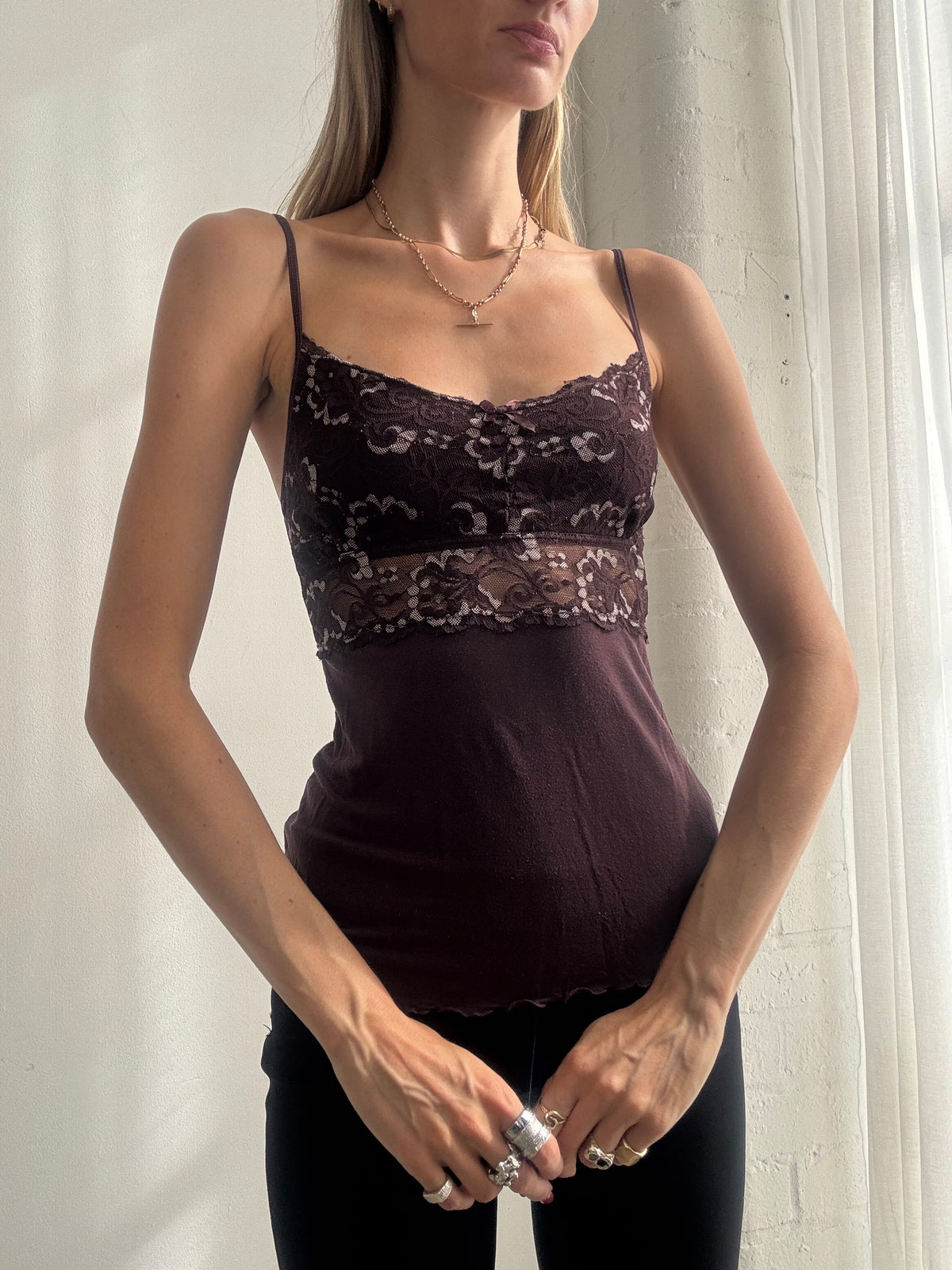 Vintage Y2K Chocolate Brown Lace Panel Cami Top - Size S