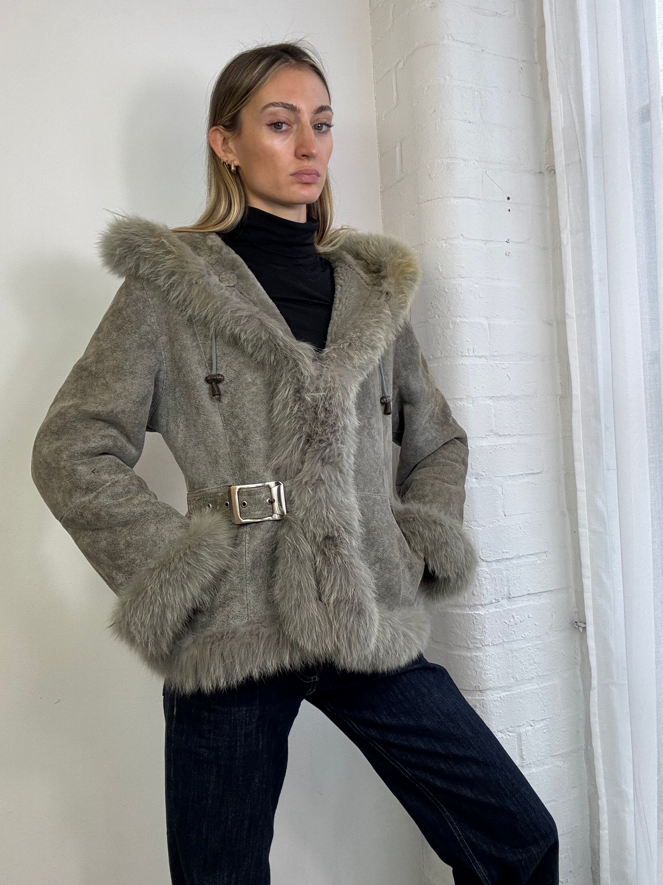 Vintage Y2K grey suede sheepskin hooded fur trim coat buckle