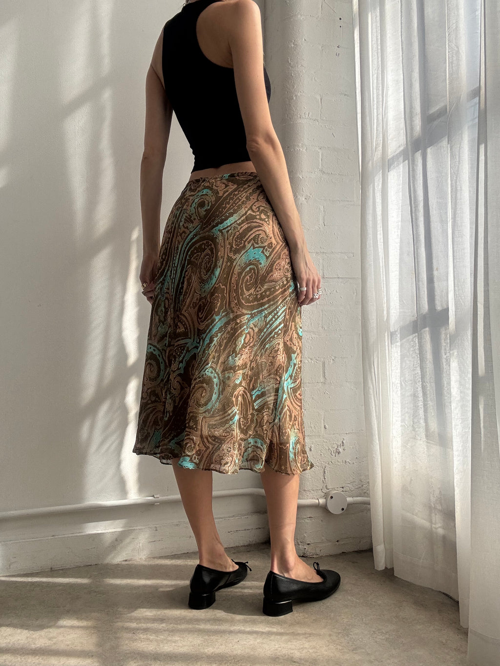 Vintage Y2K paisley print mesh midi skirt brown turquoise boho