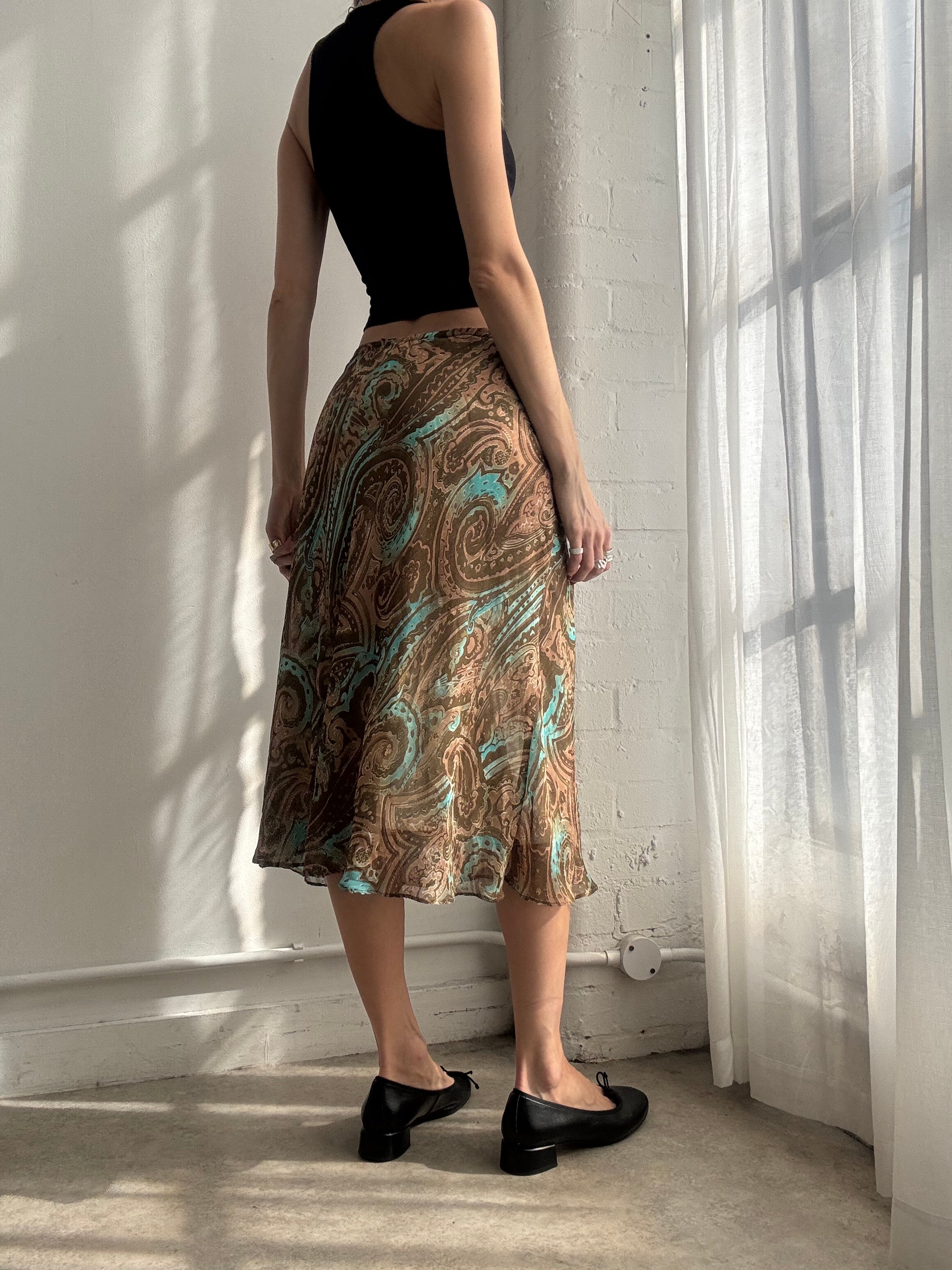 Vintage Y2K paisley print mesh midi skirt brown turquoise boho