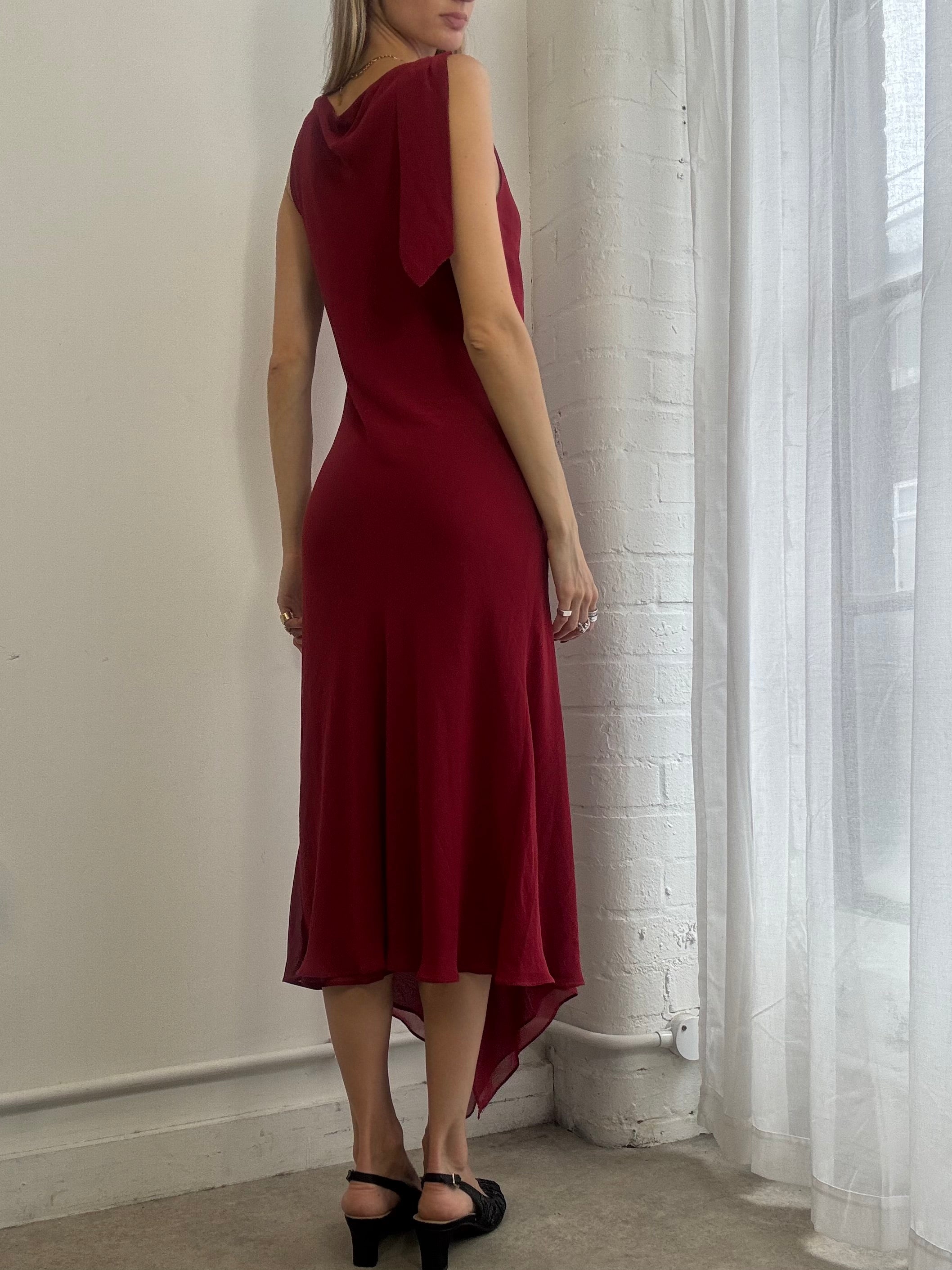 Vintage 90s Red Mesh Cowl Neck Midi Dress Asymmetric