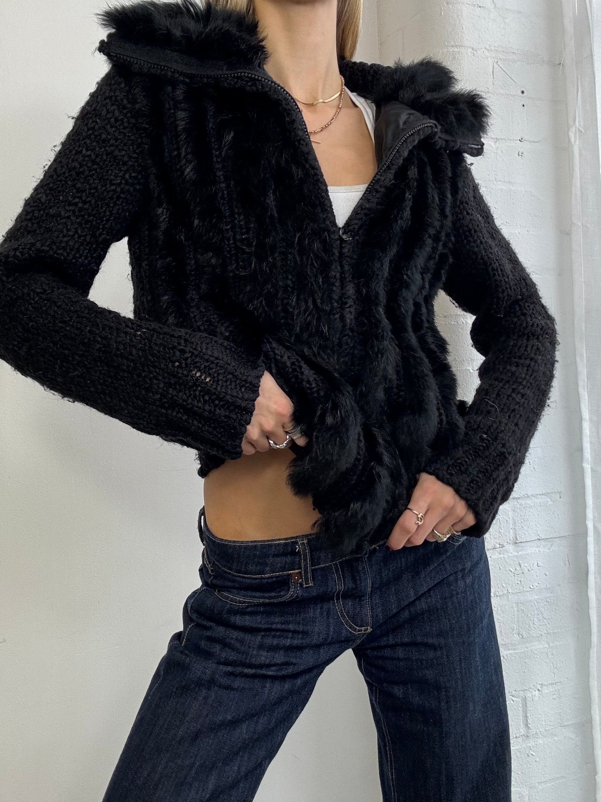 Vintage Y2K zip up real fur jumper black