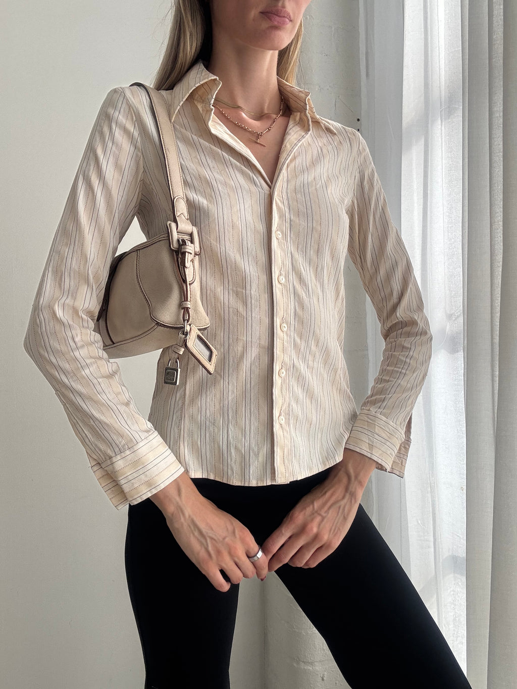 Vintage Y2K Cream Striped Fitted Button Up Shirt - Size S