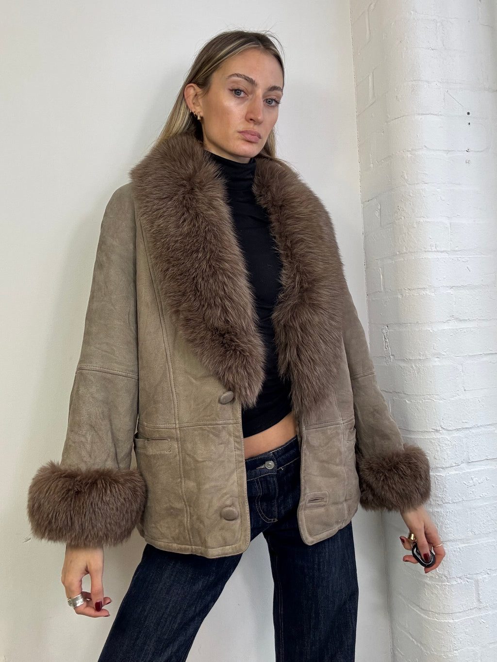 Vintage 90s sheepskin coat with fox fur trim