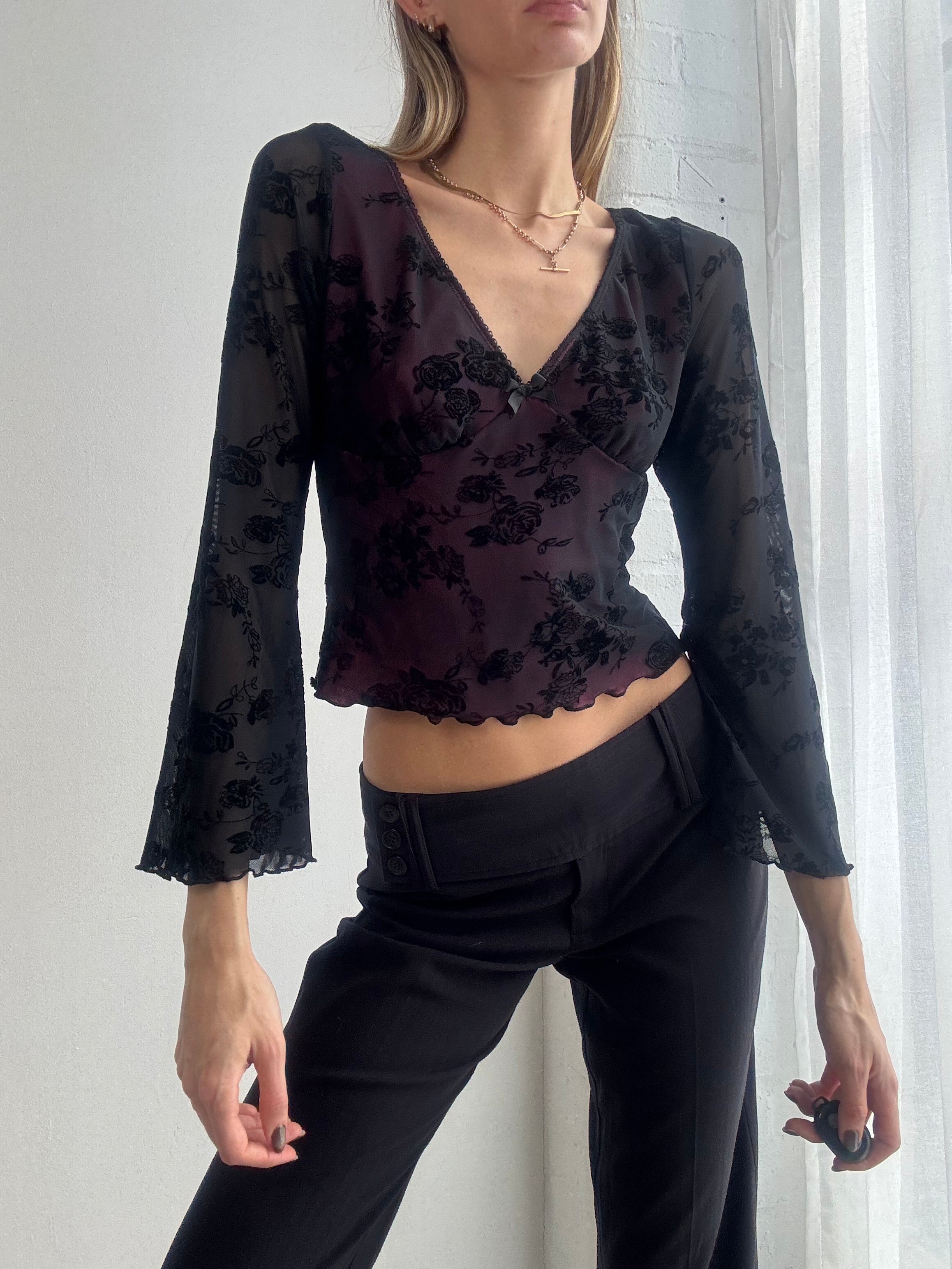 Vintage Y2K black floral mesh flare sleeve top