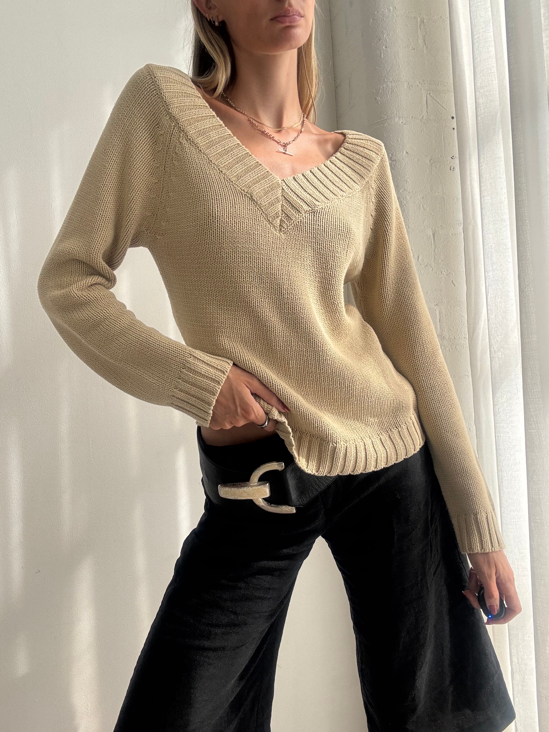 Vintage 90s Cream V-Neck Knit Jumper - Size M