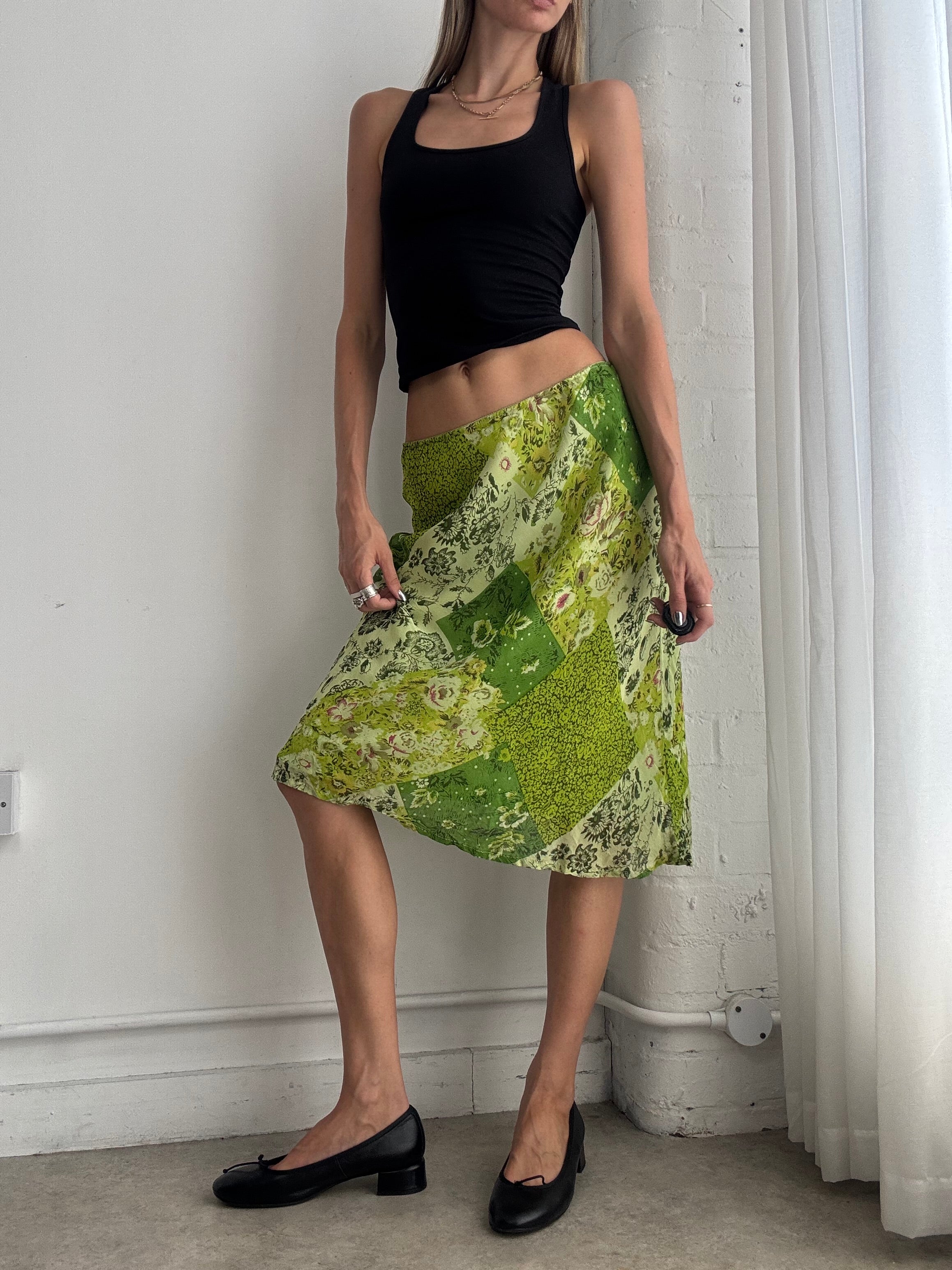 Vintage Y2K Green Floral Mesh Midi Skirt – Size S/M