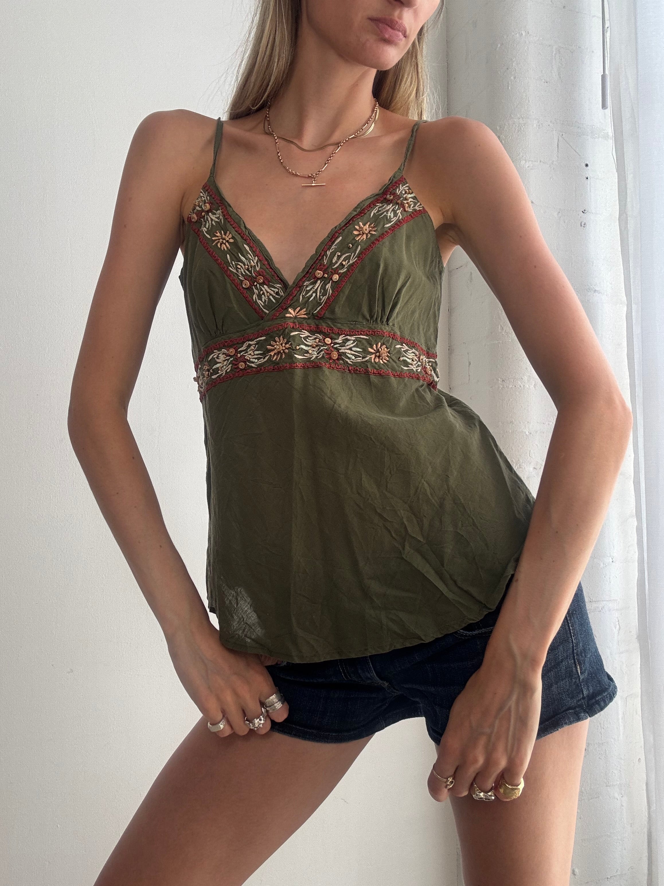 Vintage Y2K khaki embroidered cami top - Size M