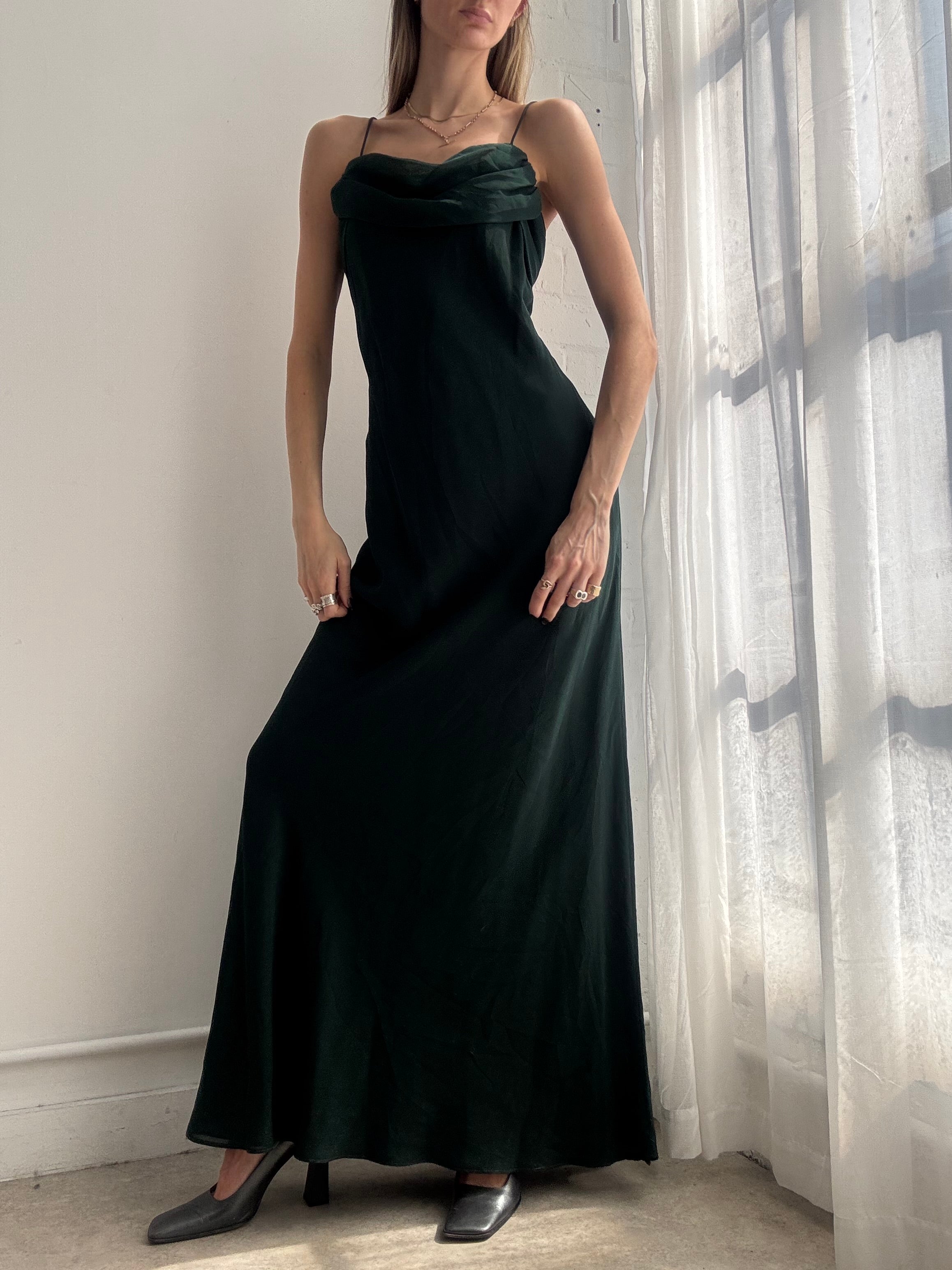 Vintage Y2K dark green draped mesh maxi dress - Size L