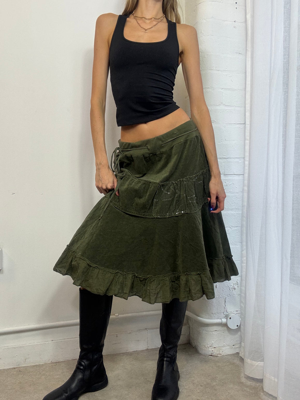 Vintage Y2K khaki green ruffle midi skirt