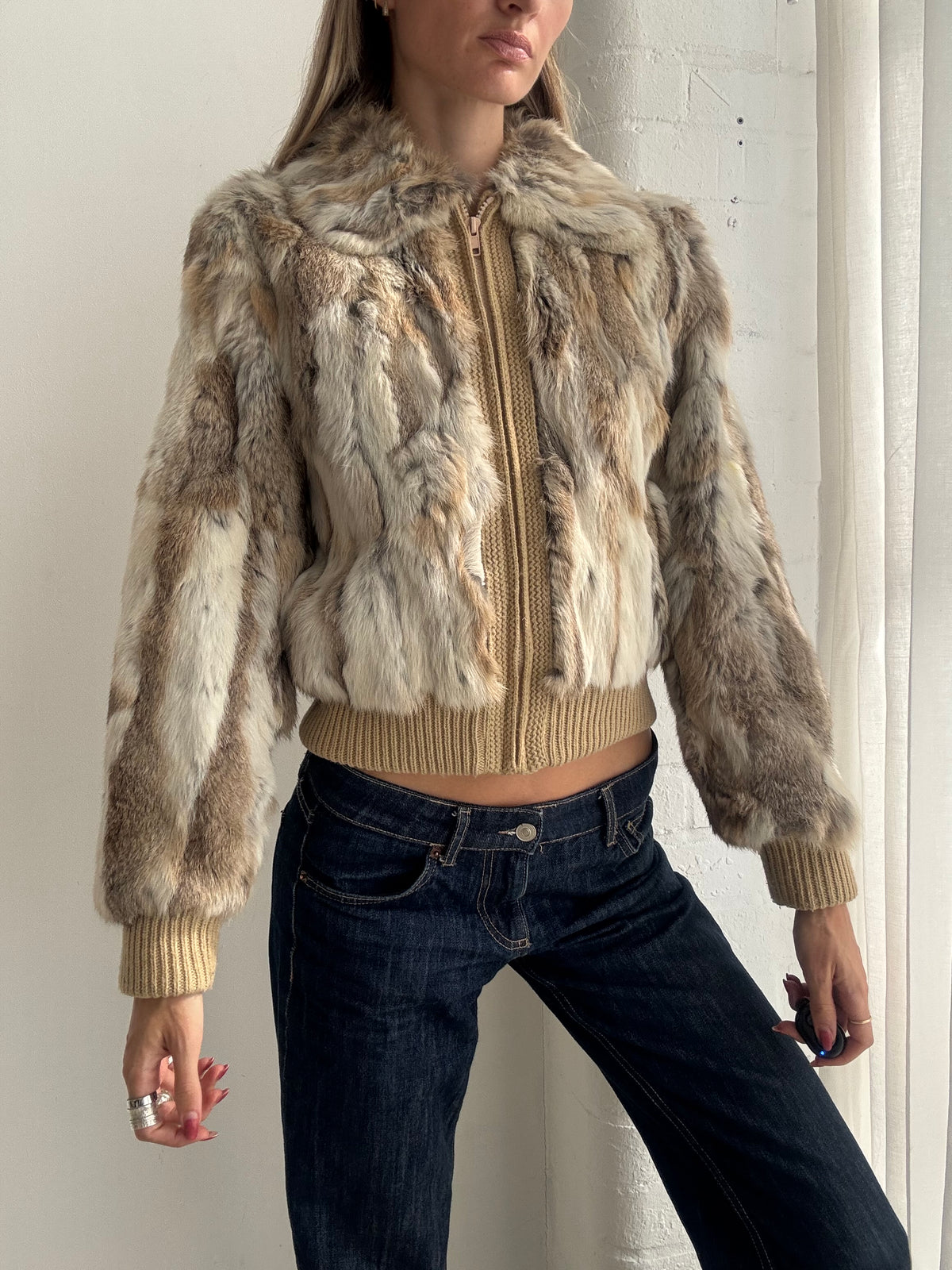 Vintage Y2K Beige Patchwork Fur Cropped Bomber Jacket - Size XS