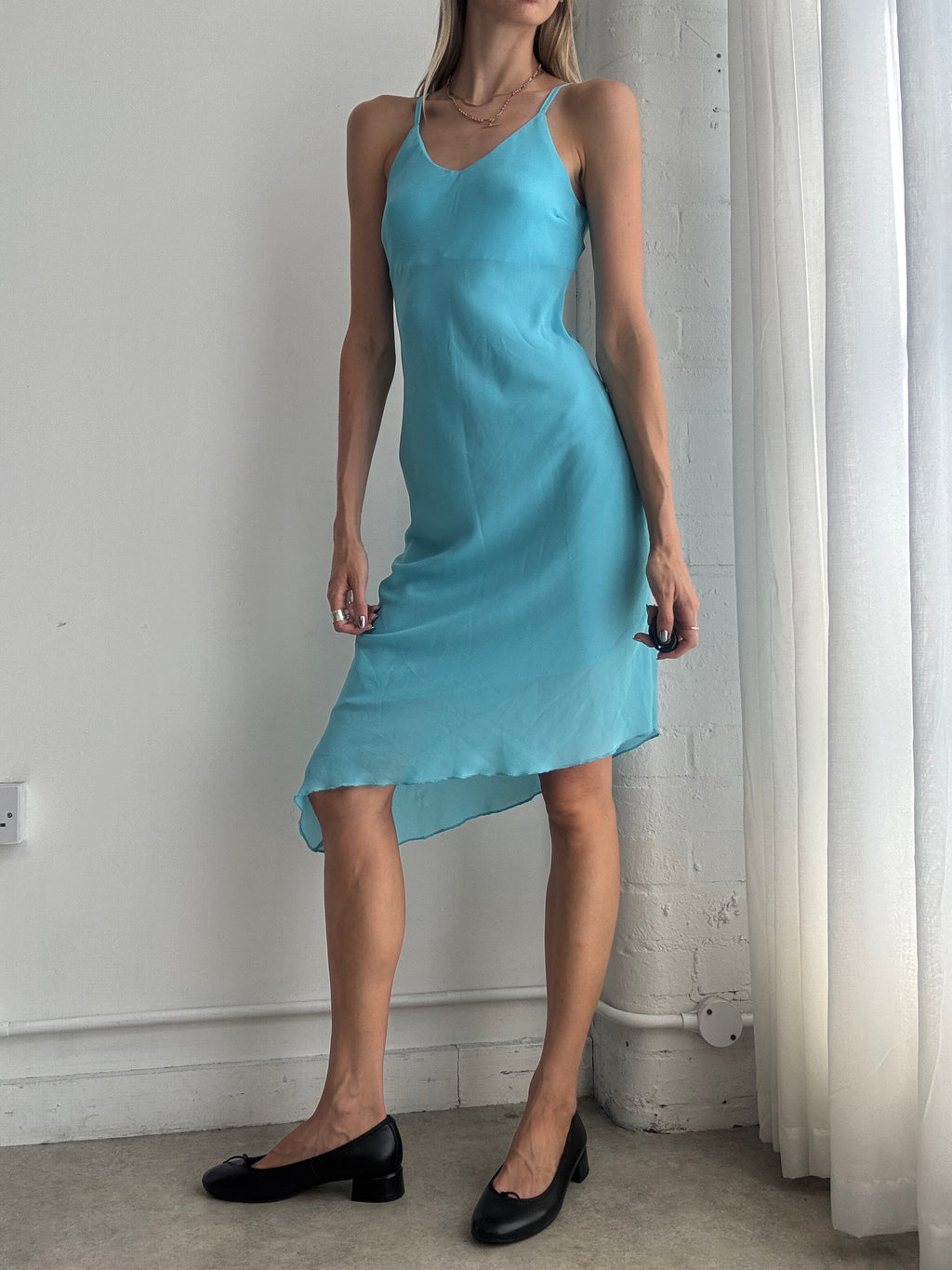 Vintage Y2K Turquoise Bias Cut Slip Dress – Asymmetric Hem Midi Dress - Size XS