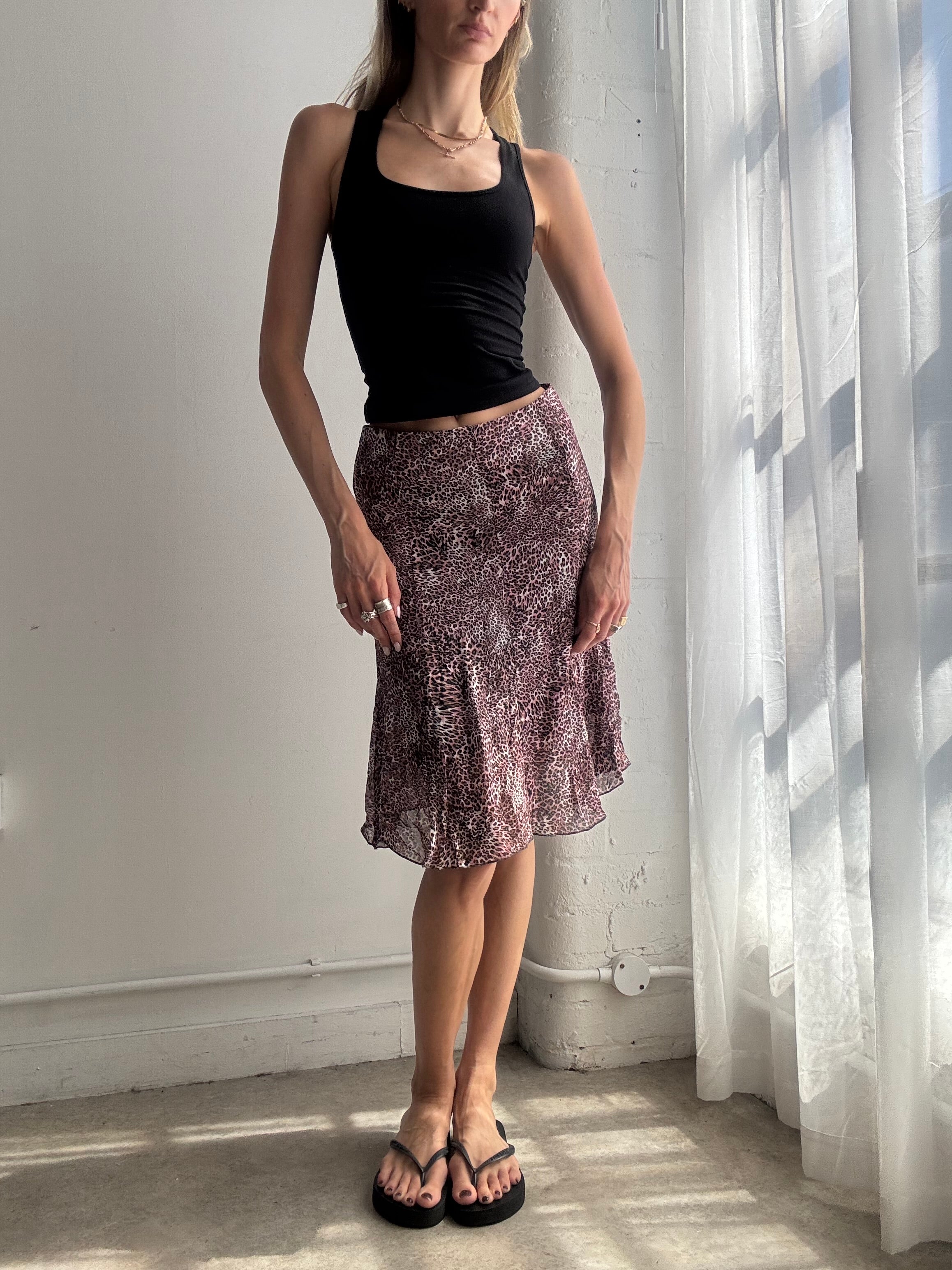 Vintage Leopard Print Mesh Midi Skirt Y2K Fairy Grunge - Size XS