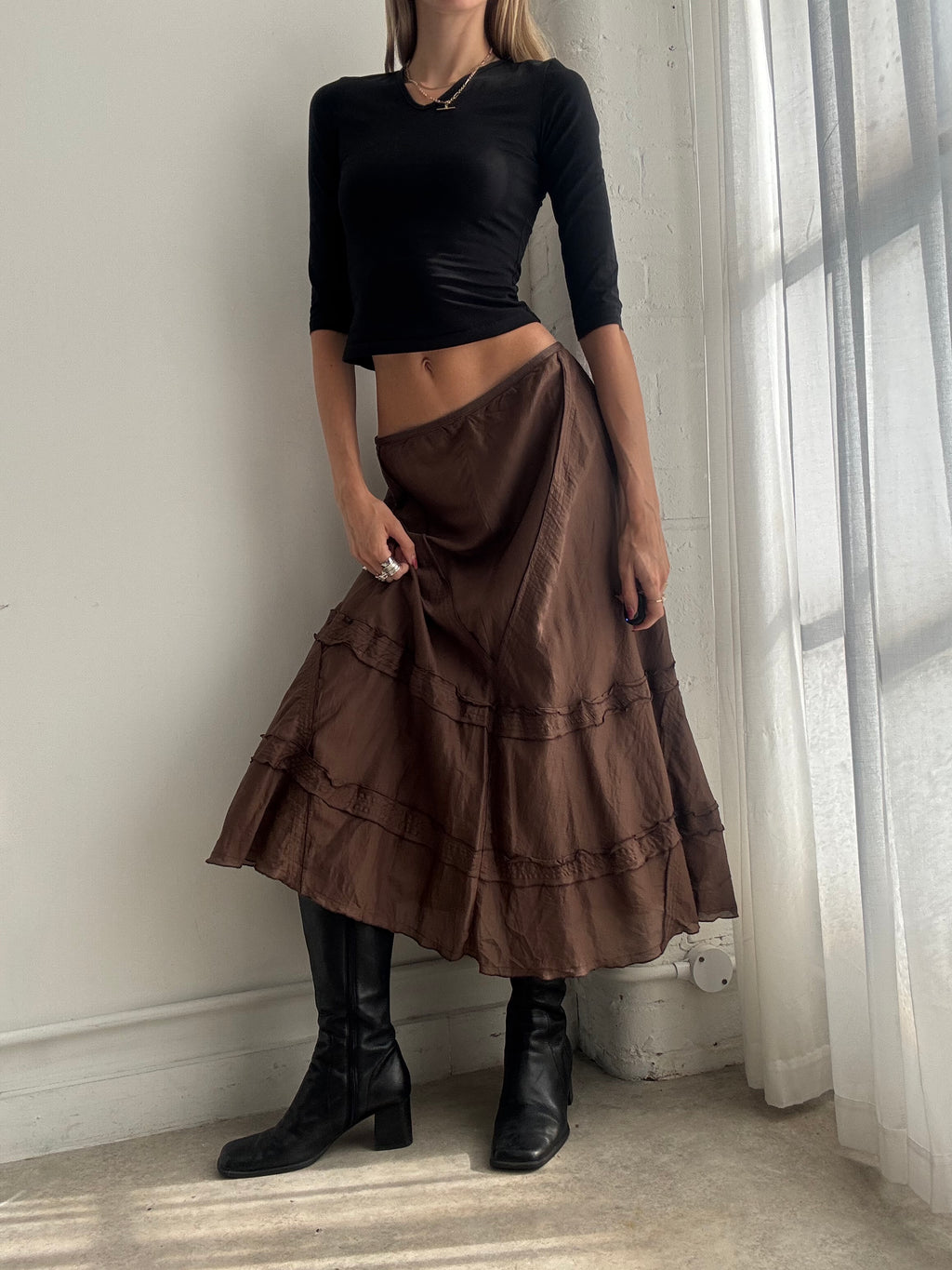 Vintage Y2K Chocolate Brown Tiered Midi Skirt - Size L