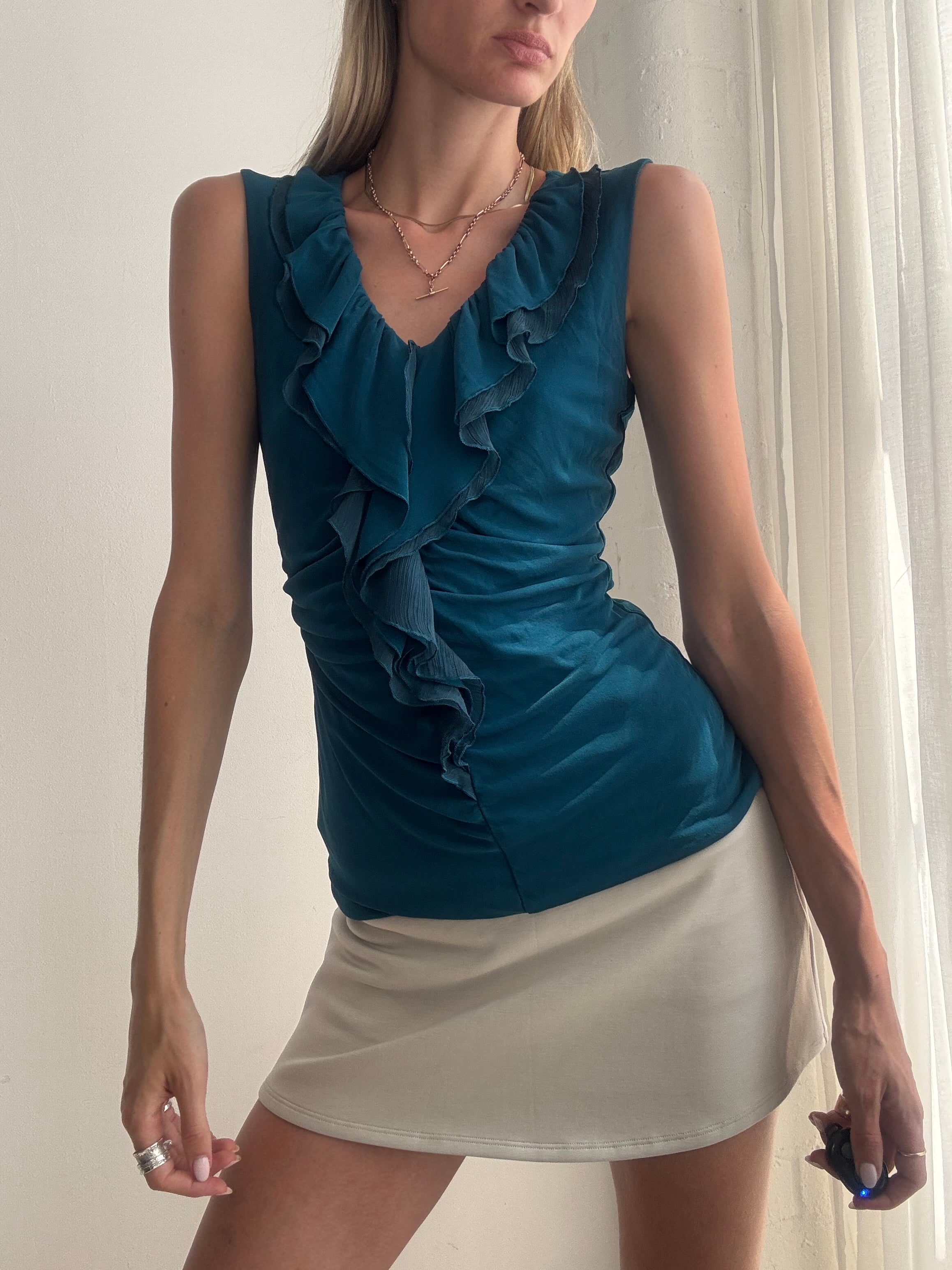 Vintage Y2K Teal Ruffle Sleeveless Top - Size S