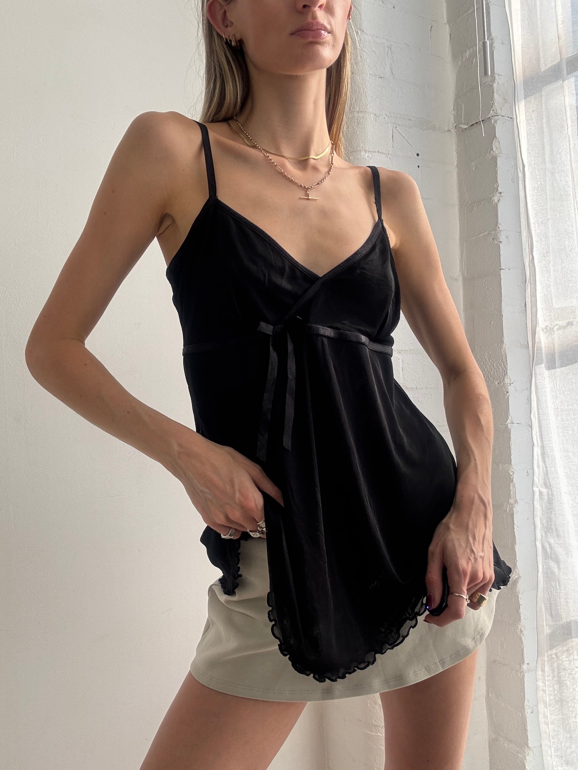 Vintage Y2k Black Mesh Babydoll Cami Top Bow