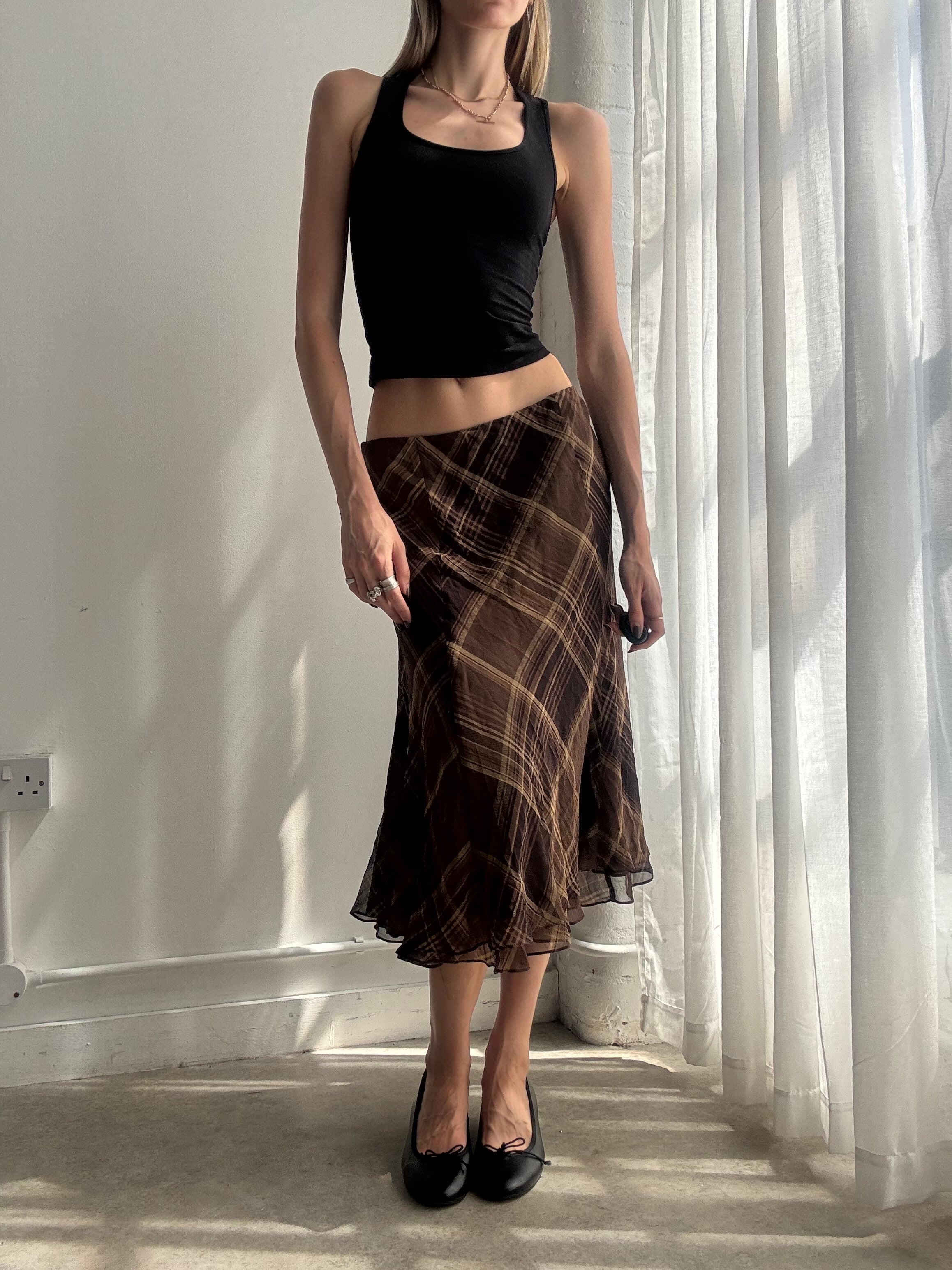 Vintage Ralph Lauren brown plaid bias-cut silk midi skirt - size M