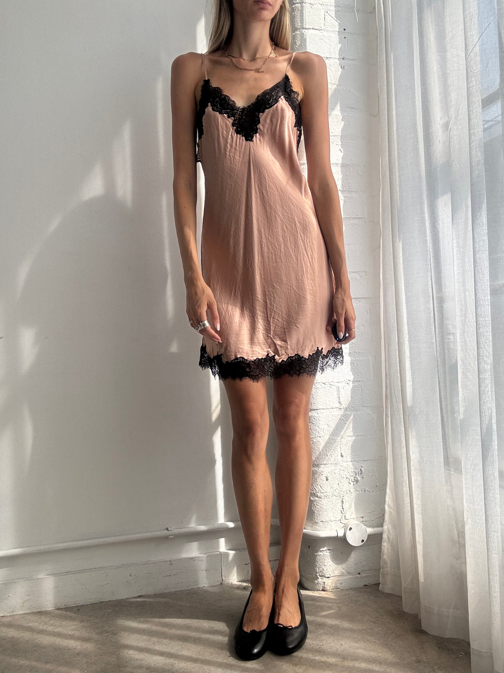 Vintage Y2K Blush Pink Silk Lace Trim Slip Mini Dress - Size S
