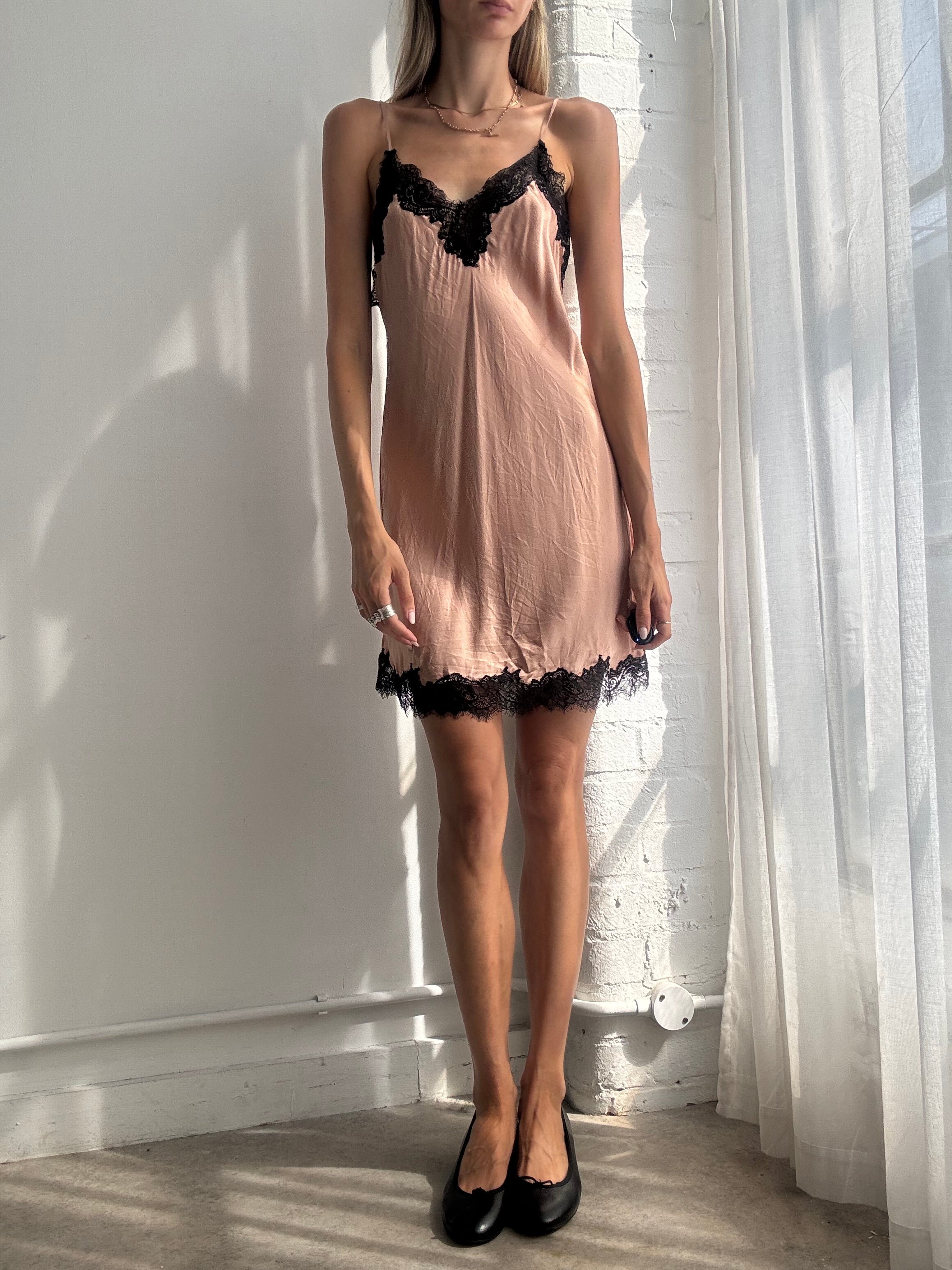 Vintage Y2K Blush Pink Silk Lace Trim Slip Mini Dress - Size S