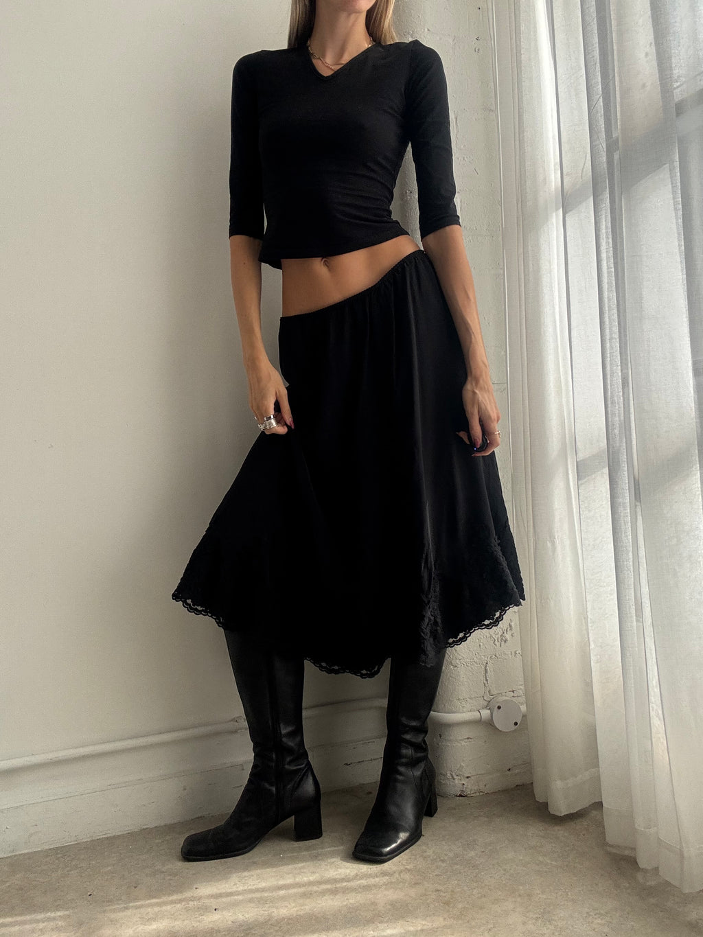 Vintage Y2K Black Floaty Silk & Lace Midi Skirt - Size M