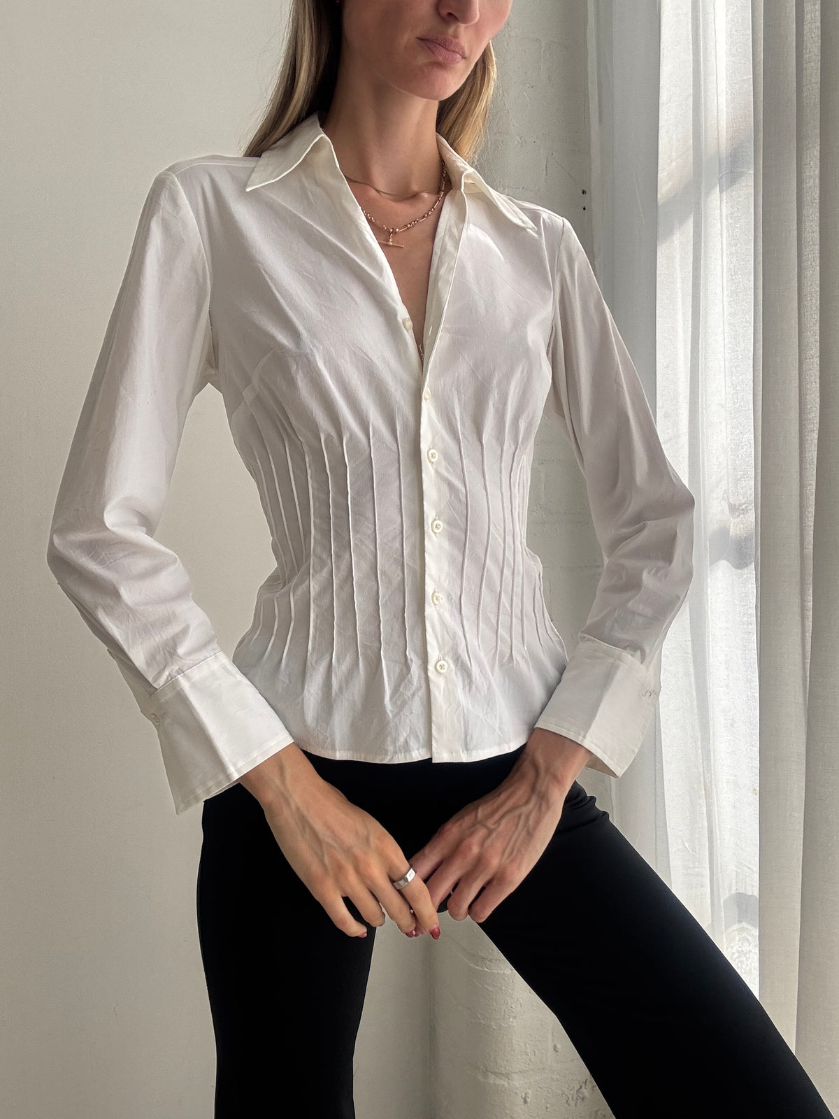 Vintage Y2K White Corset Style Fitted Button Up Shirt - Size S