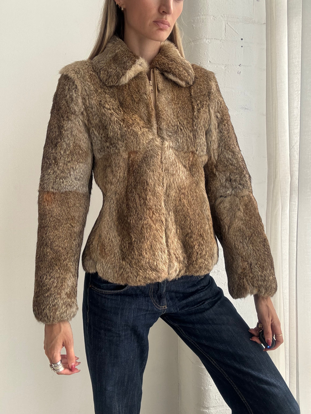 Vintage 90s Brown Real Fur Cropped Jacket - Size XS