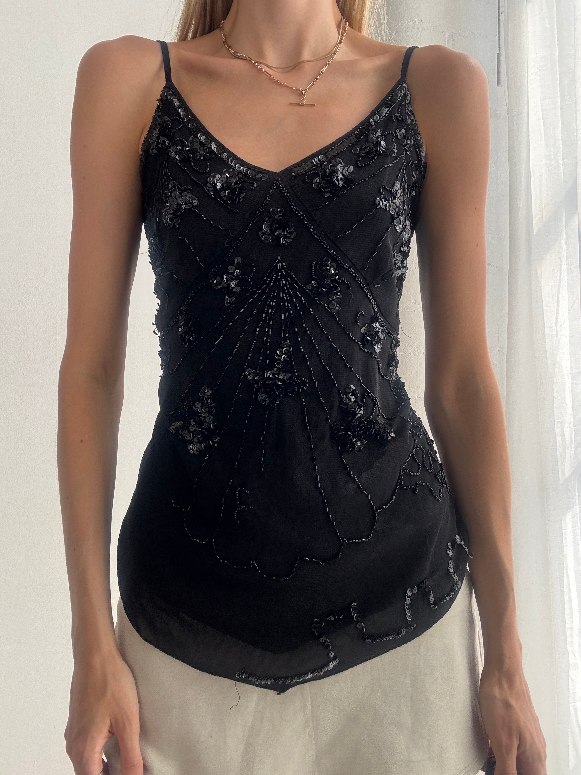 Vintage Y2K Black Beaded Cami Top Fairy Grunge Coquette - Size L