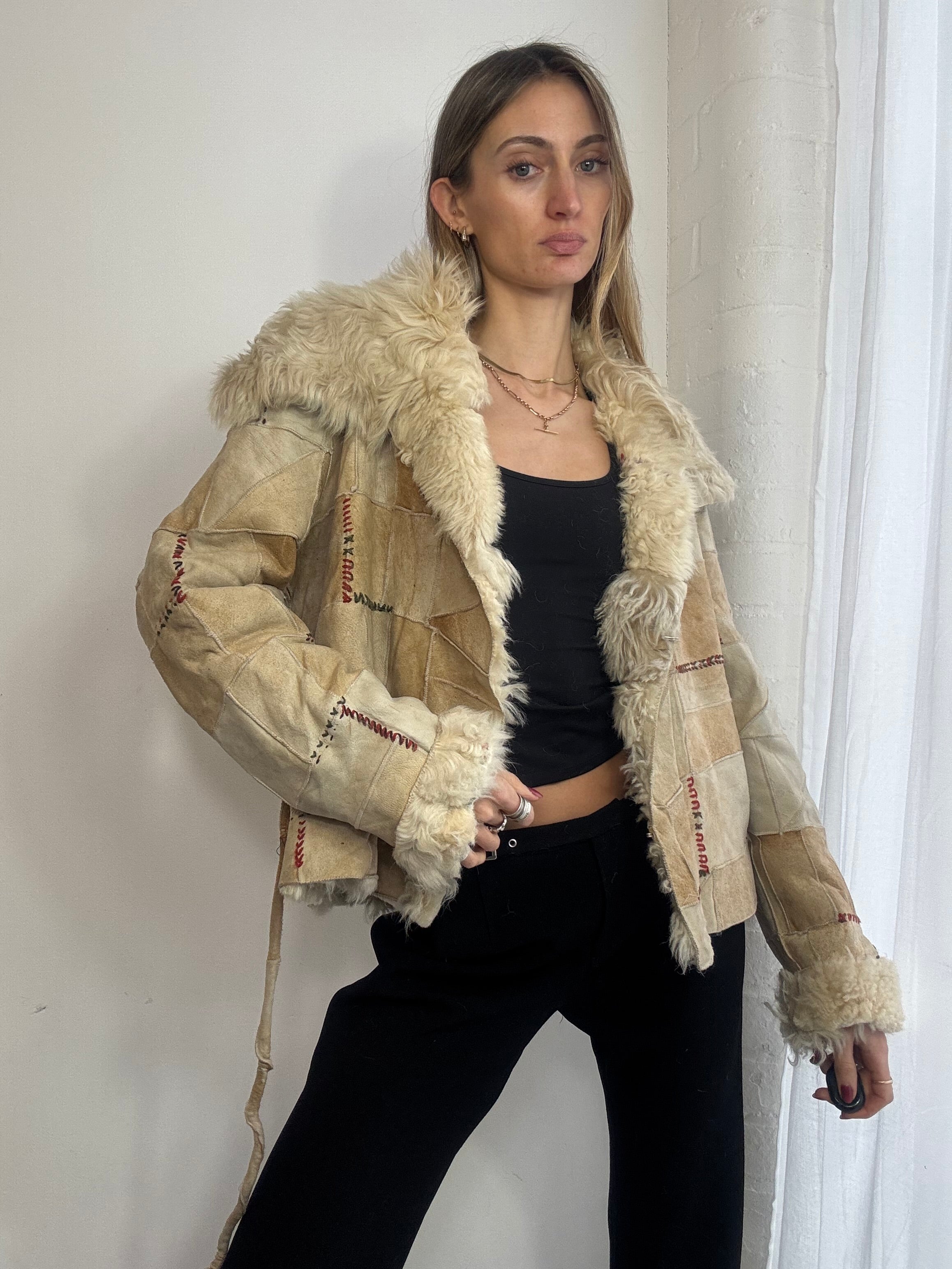 Vintage Y2K patchwork sheepskin suede coat