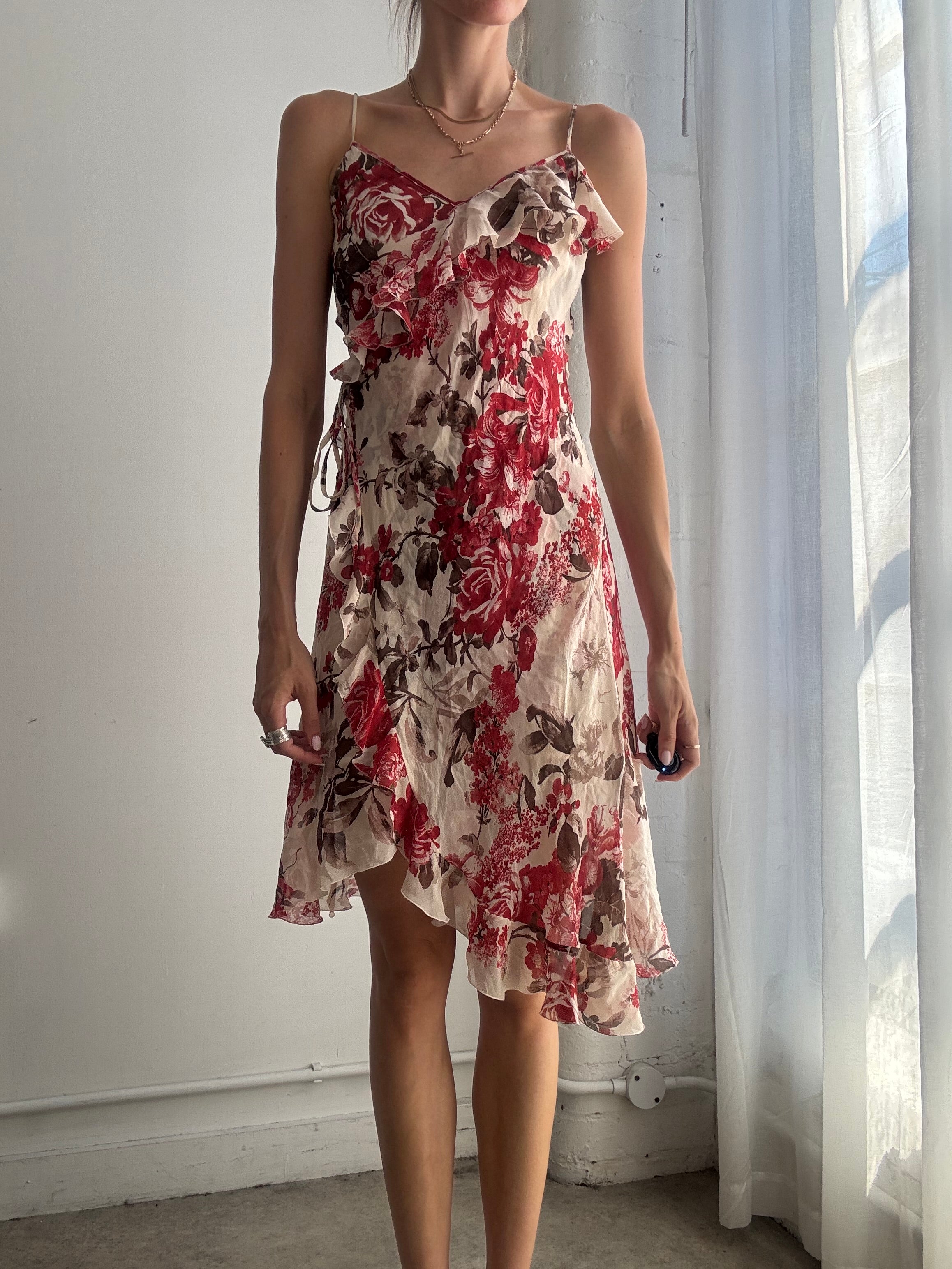 Vintage Y2K Floral Silk Wrap Ruffle Asymmetric Slip Dress - Size S/M