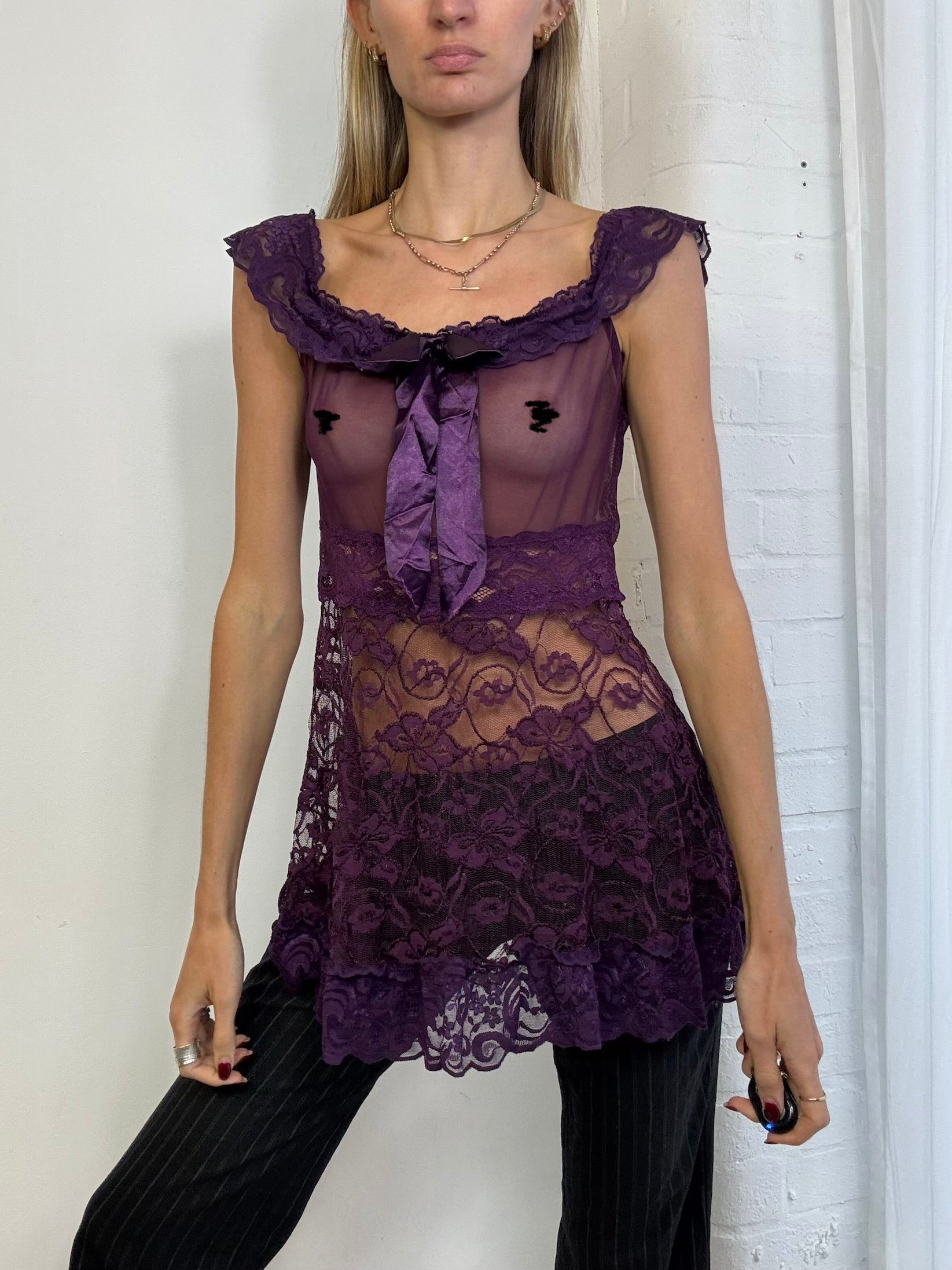 Vintage Y2K sheer mesh babydoll lace top