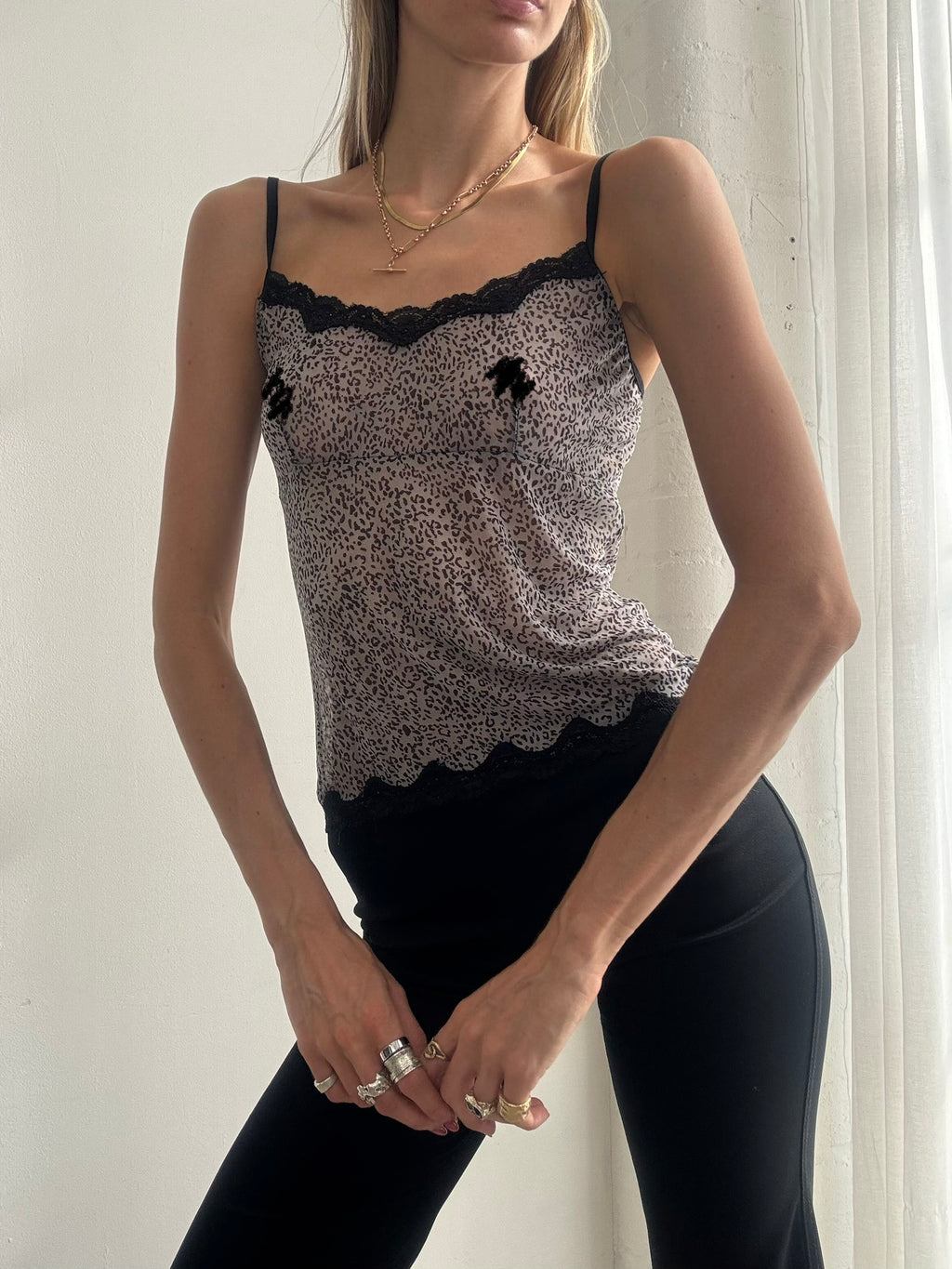 Vintage Y2K Leopard Print Lace Trim Cami Top - Size XS