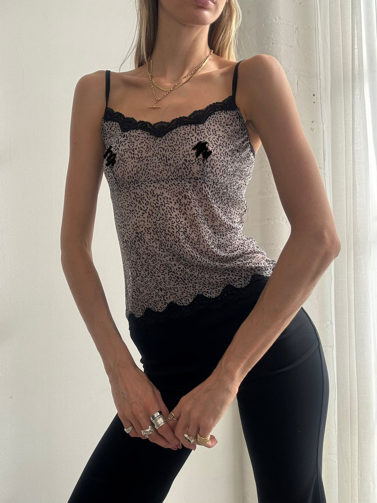 Vintage Y2K Leopard Print Lace Trim Cami Top - Size XS