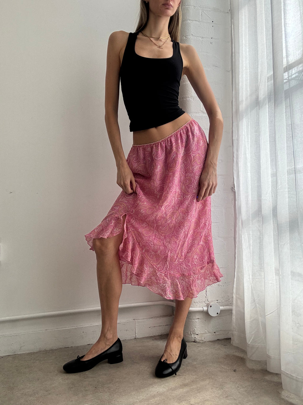 Vintage Y2K pink paisley print mesh midi skirt ruffle
