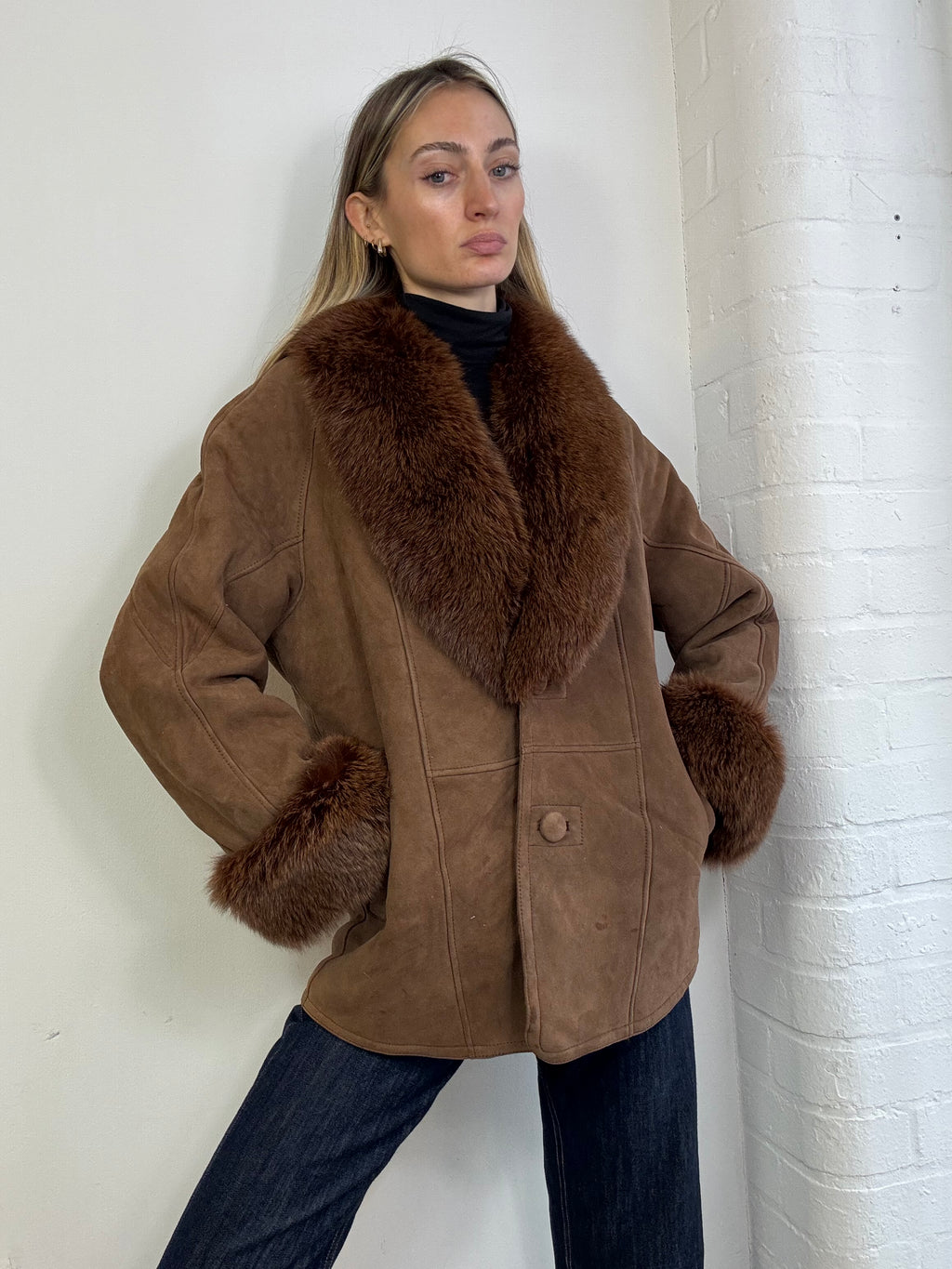 Vintage 90s sheepskin coat with fox fur trim