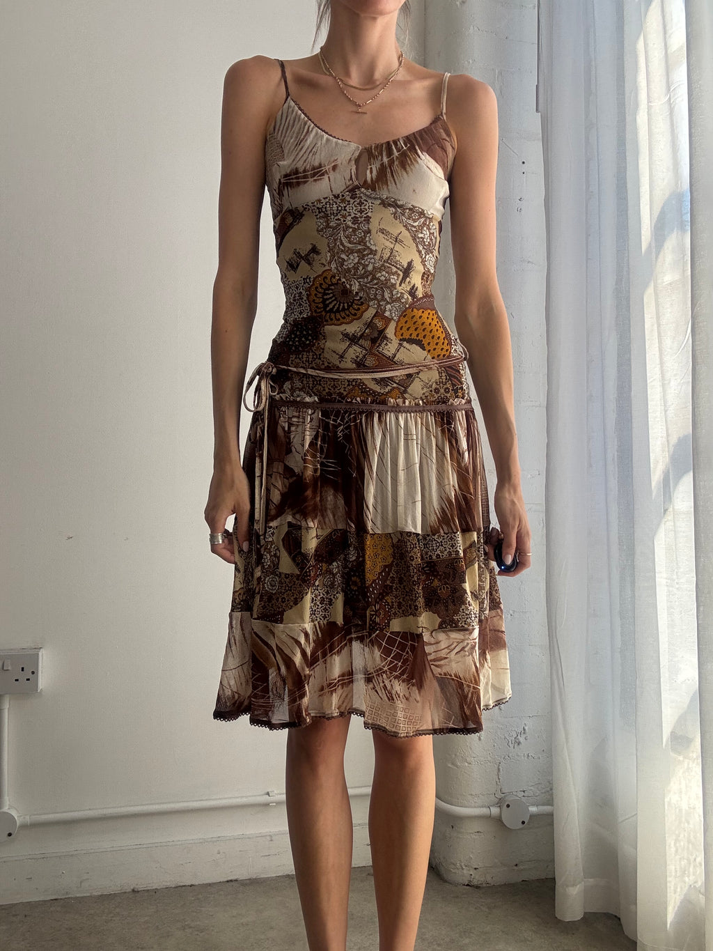 Vintage Y2K Abstract Print Mesh Handkerchief Hem Dress - Size XS