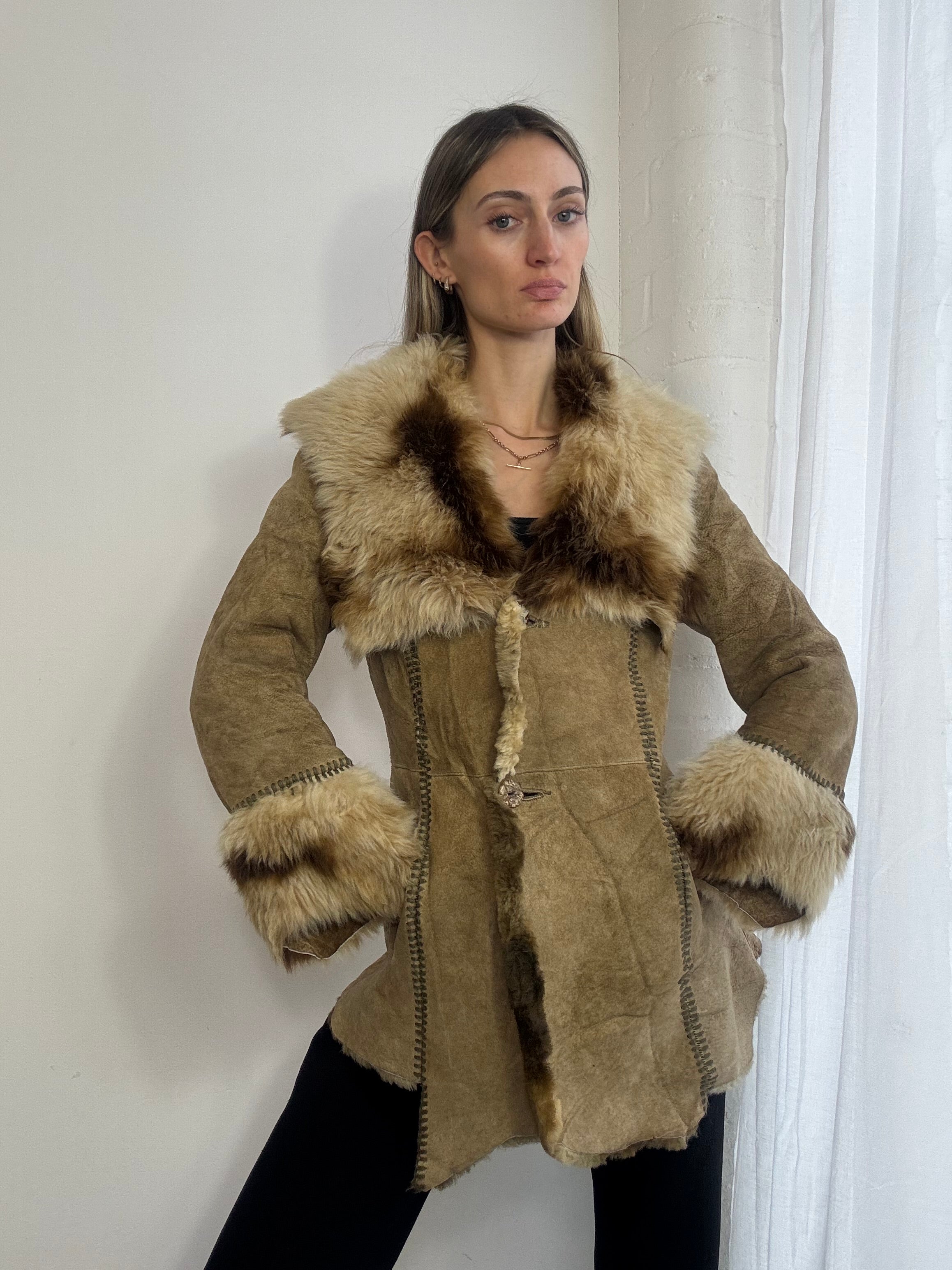 Vintage Y2K brown suede & shearling fur Afghan coat