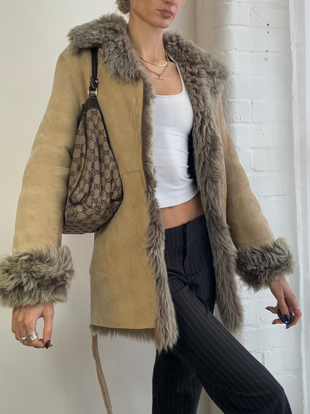 Vintage genuine sheepskin suede coat belted