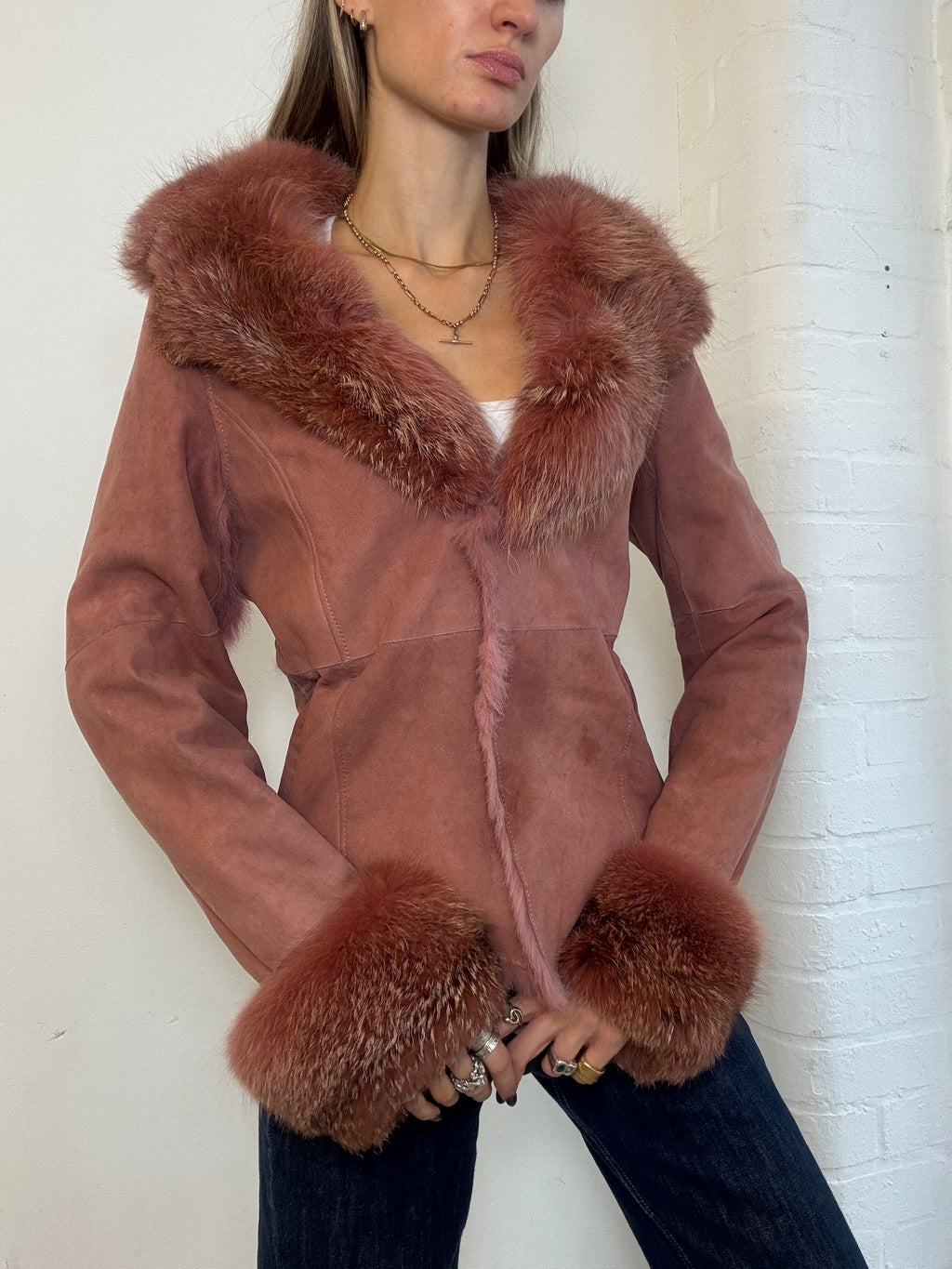 Vintage Y2K Morgan De Toi Dusty Pink Suede Fox Fur Trim Jacket - Size S