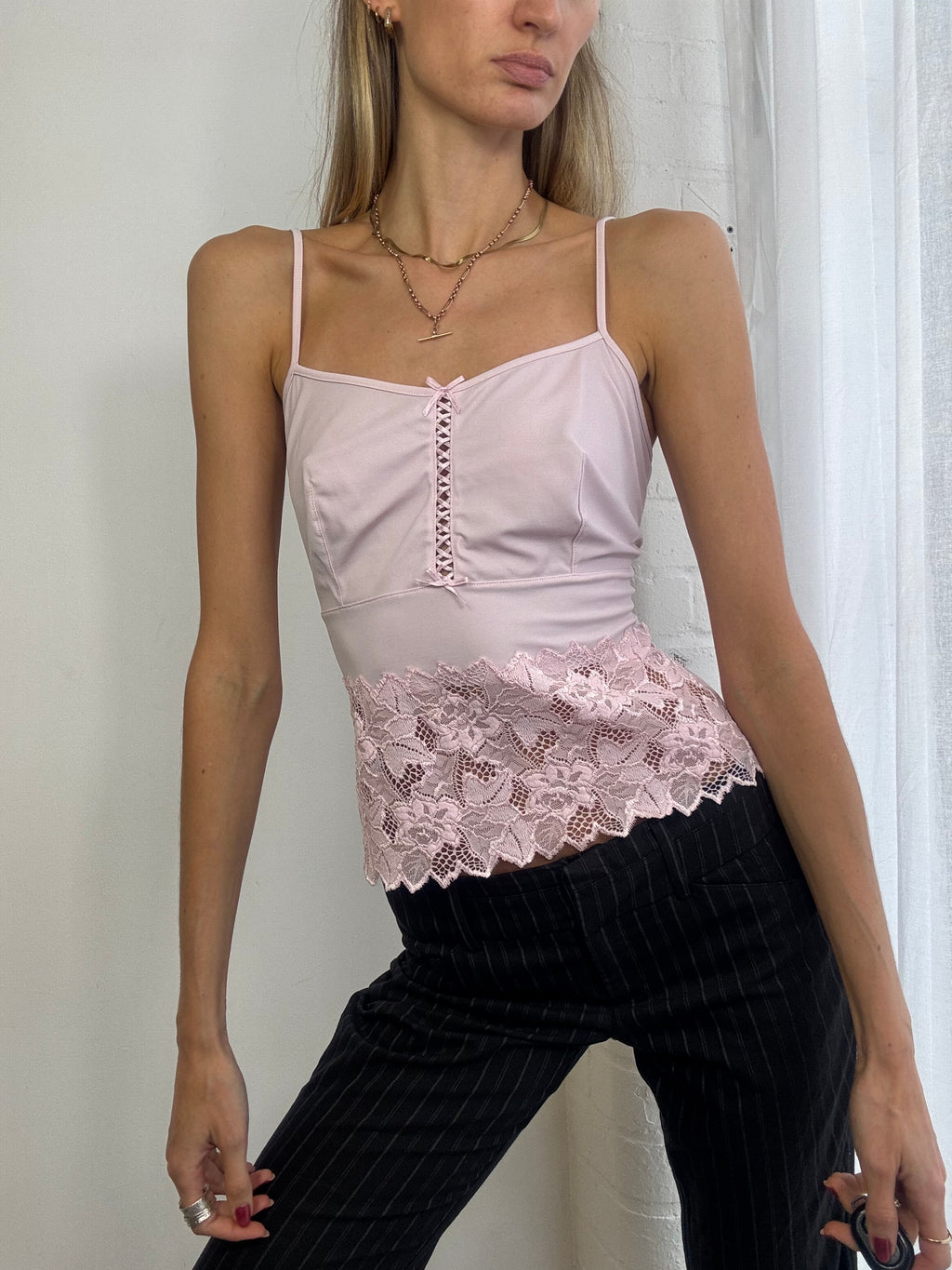 Vintage Y2K baby pink lace cami top