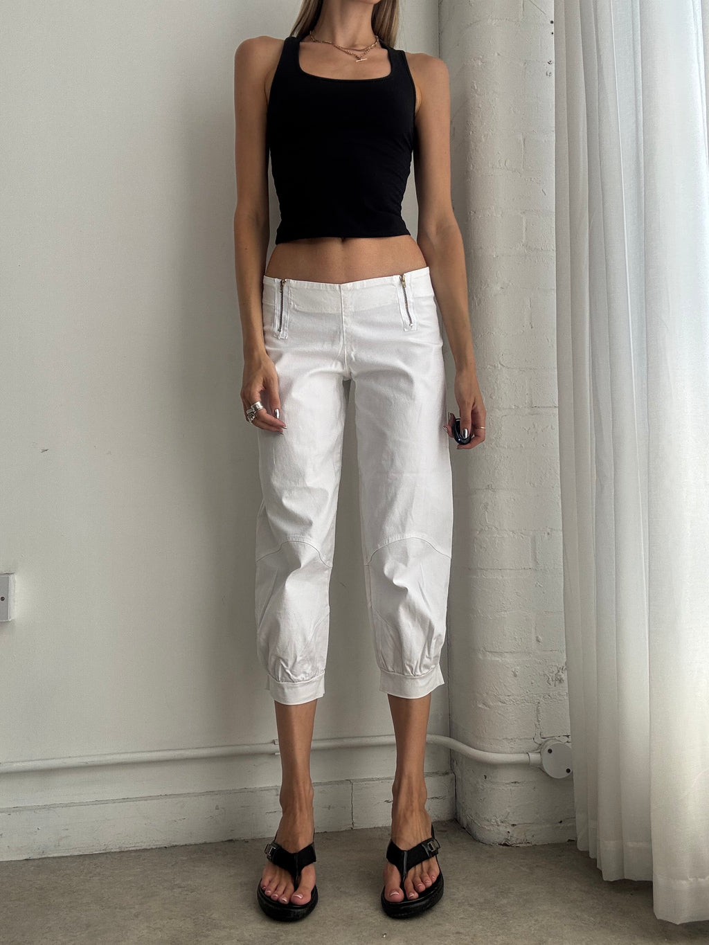 Vintage Y2K White Capri Trousers – Low Rise Cotton Crop Pants - Size S