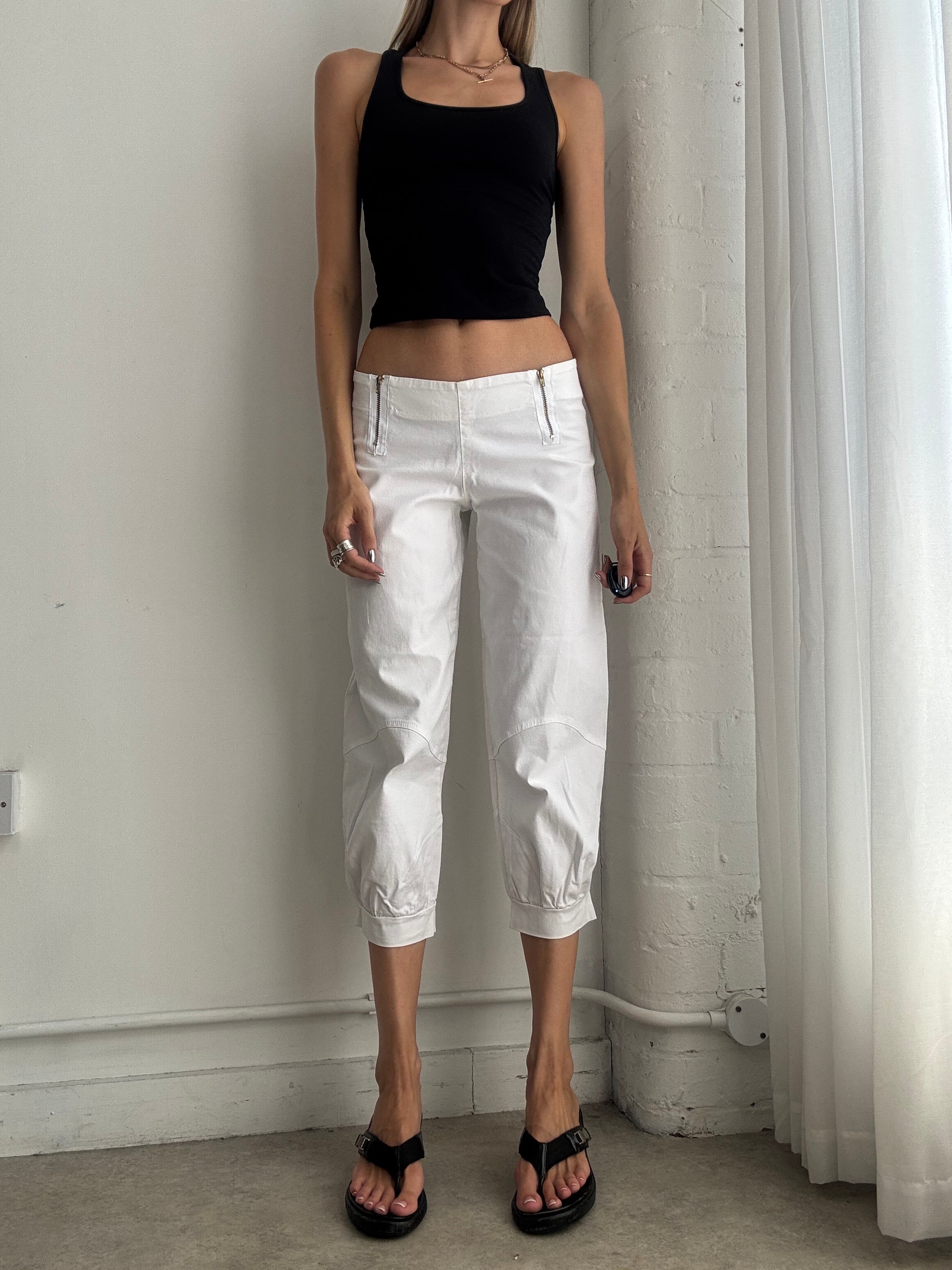 Vintage Y2K White Capri Trousers – Low Rise Cotton Crop Pants - Size S