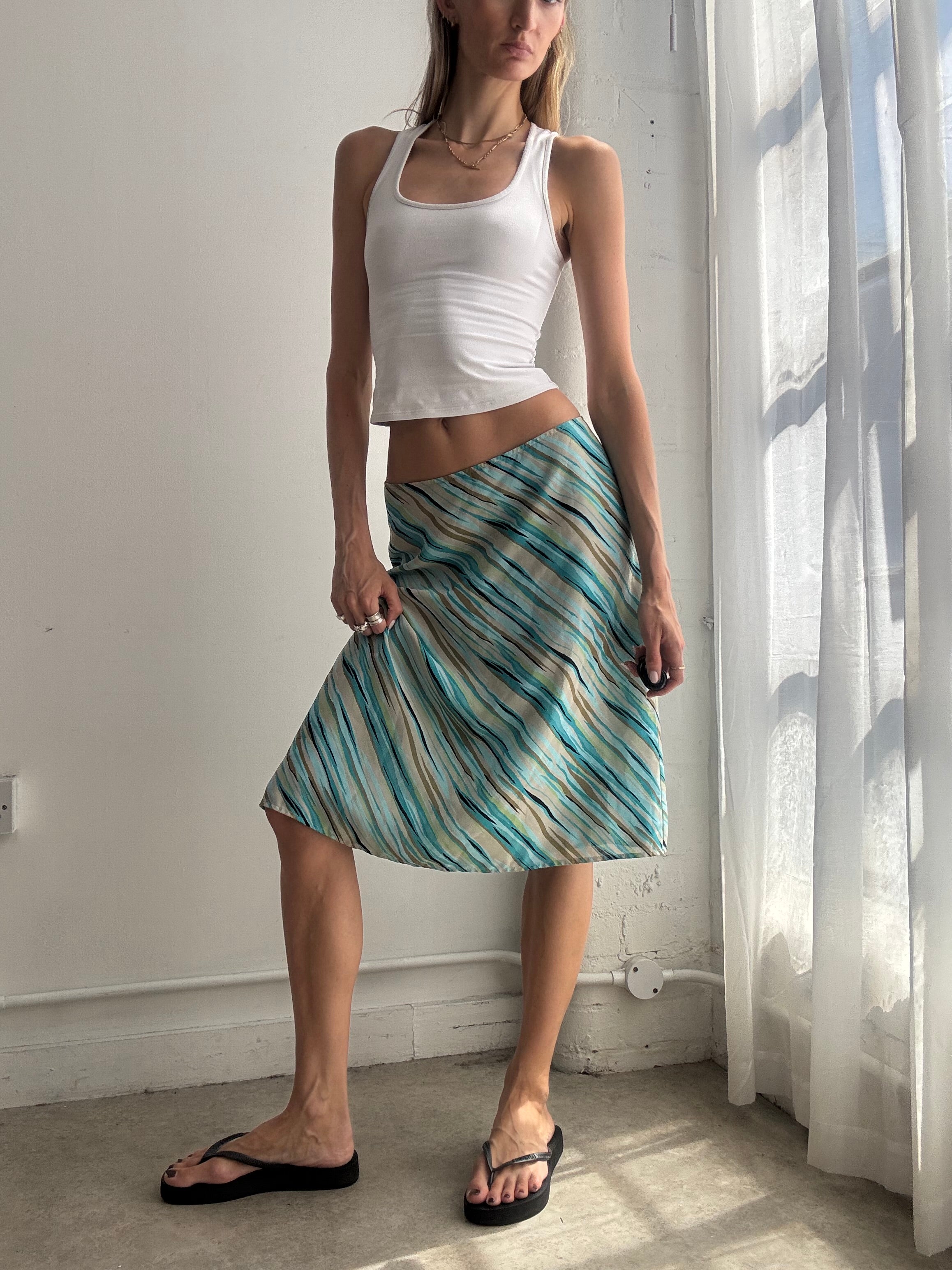 Vintage Turquoise Printed Stripe Midi Skirt Y2K - Size M