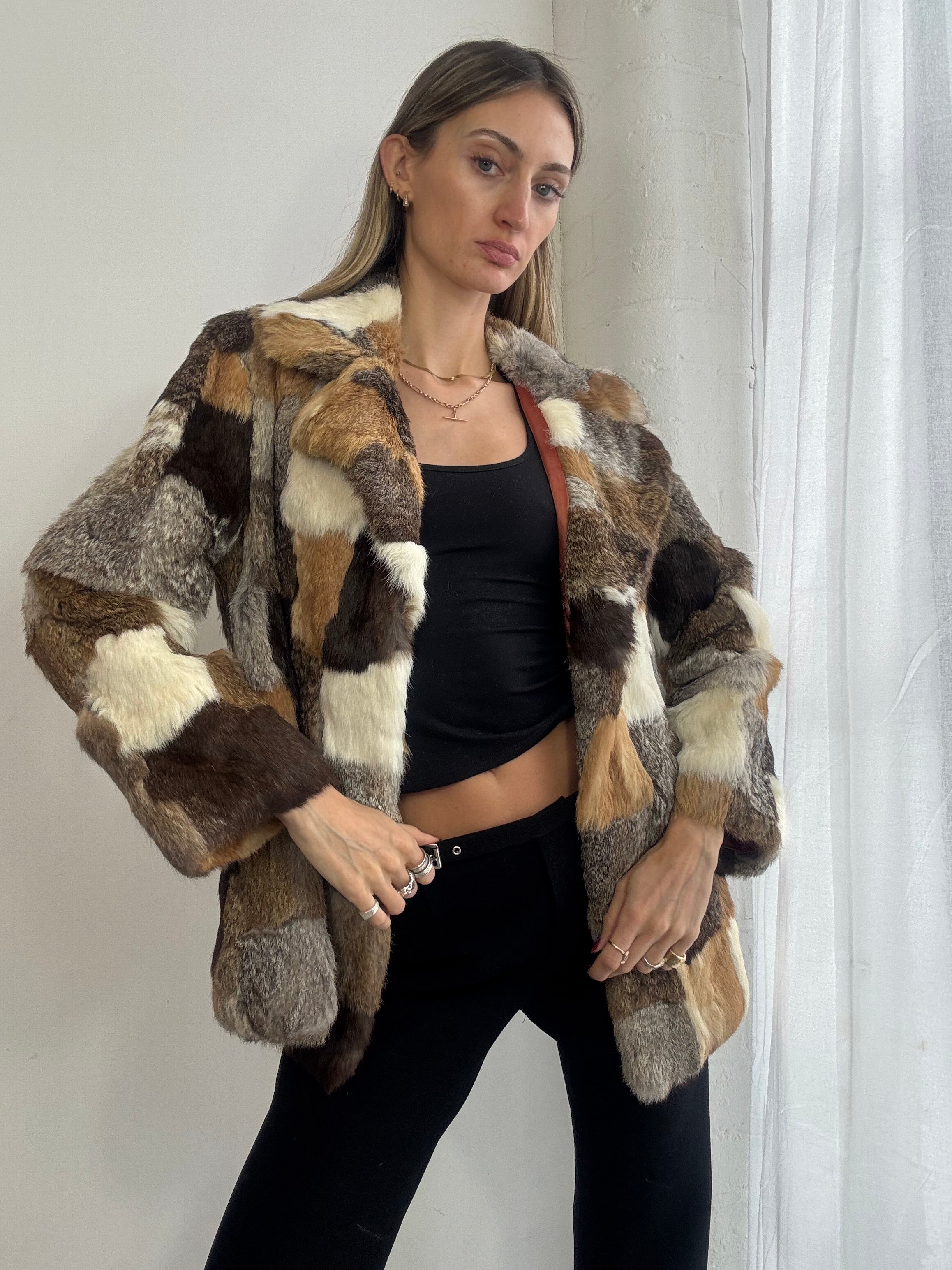 Vintage 90s patchwork rabbit fur coat