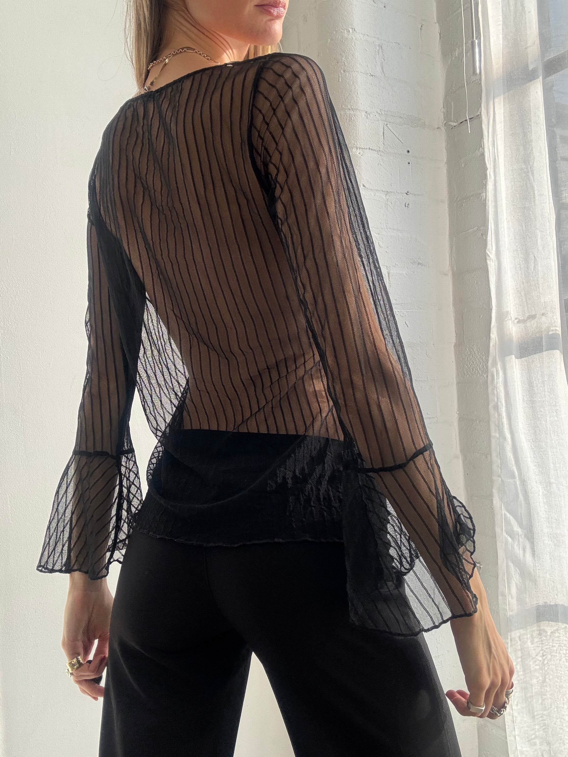 Vintage Y2k Intimissimi Sheer Black Mesh Pinstripe Top Ruffle