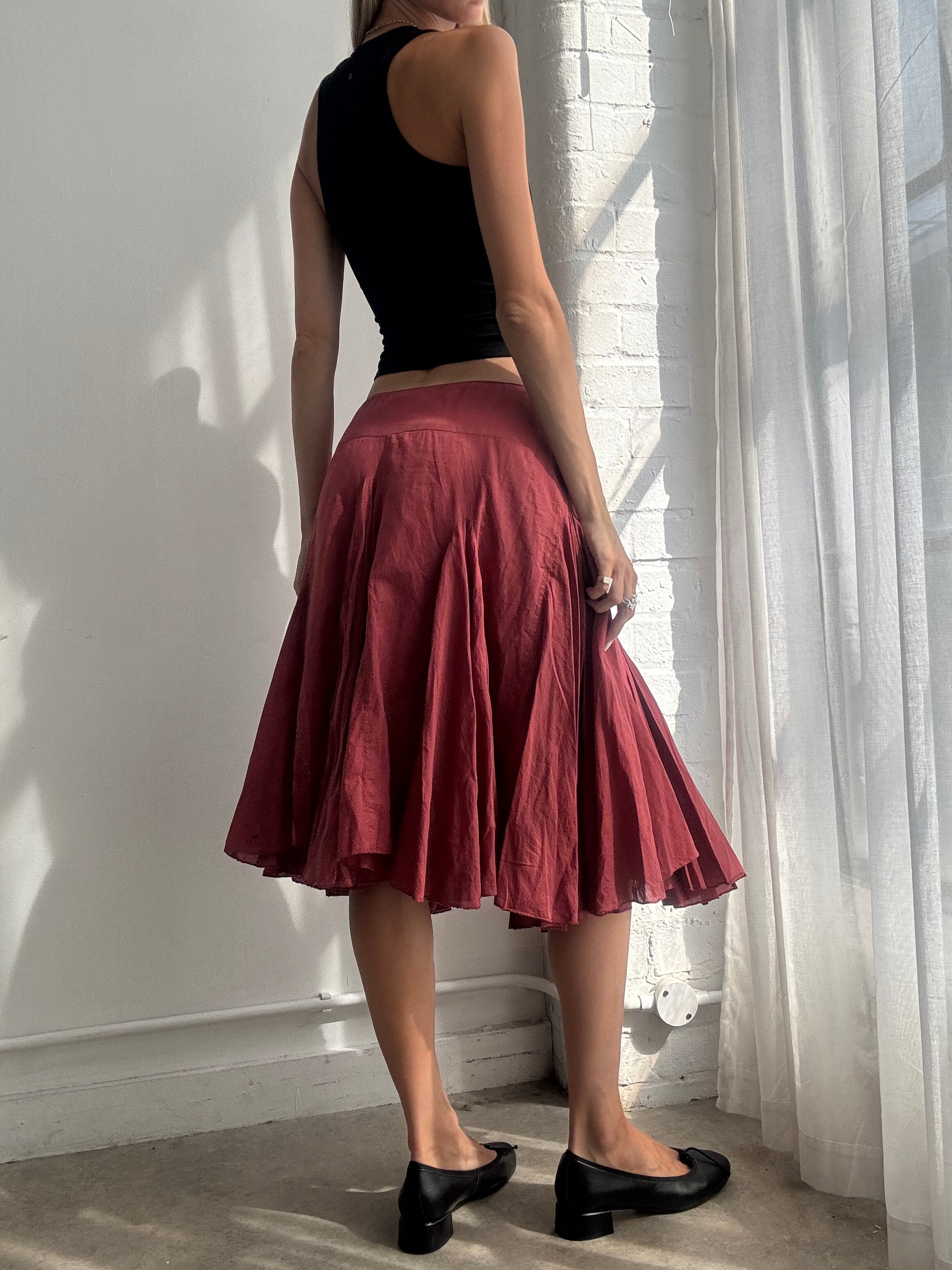 Vintage Y2K Burgundy Cotton Midi Skirt - Size M