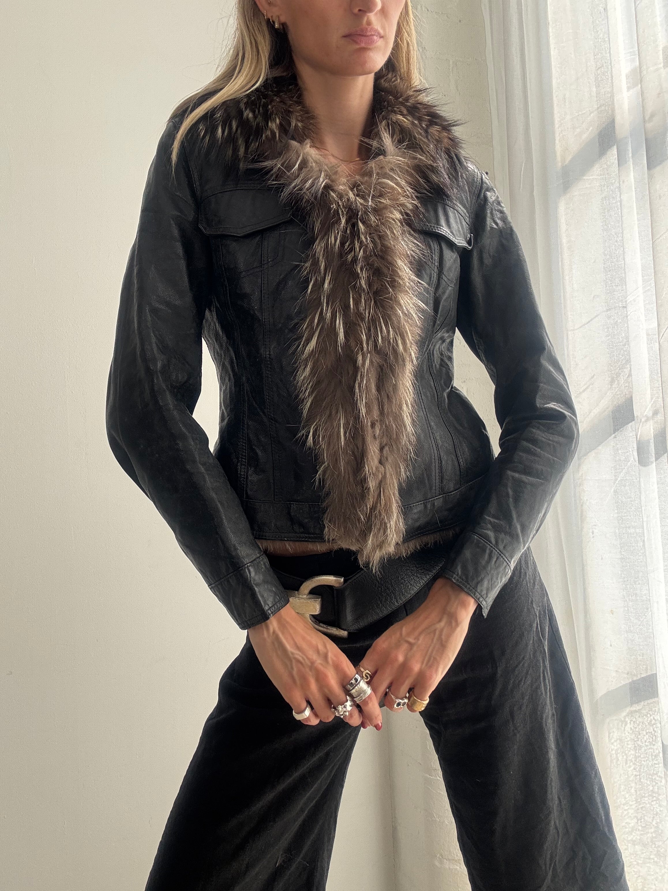Vintage Y2K Black Leather Fox Fur Trim Afghan Jacket - Size XS