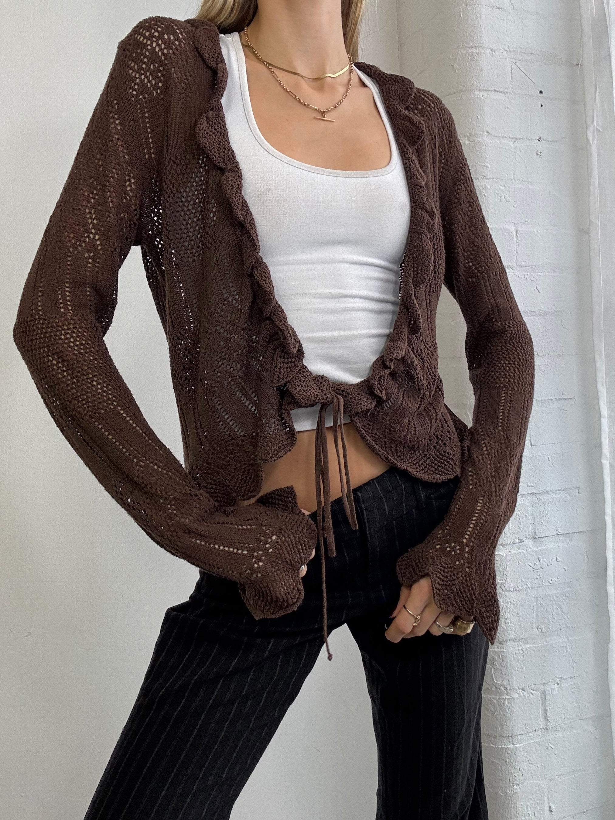 Vintage Y2K ruffle tie front cardigan brown